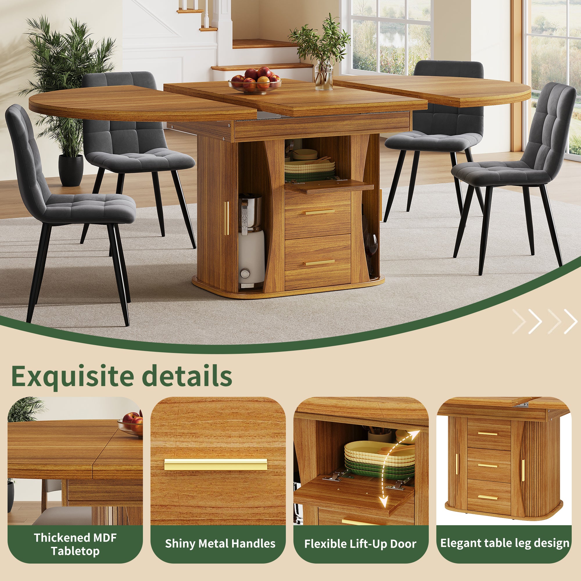 Extendable dining table, dining room table, kitchen table, round dining table, extends to oval, 118-158 cm, seats up to 6 people, three-tier storage, walnut