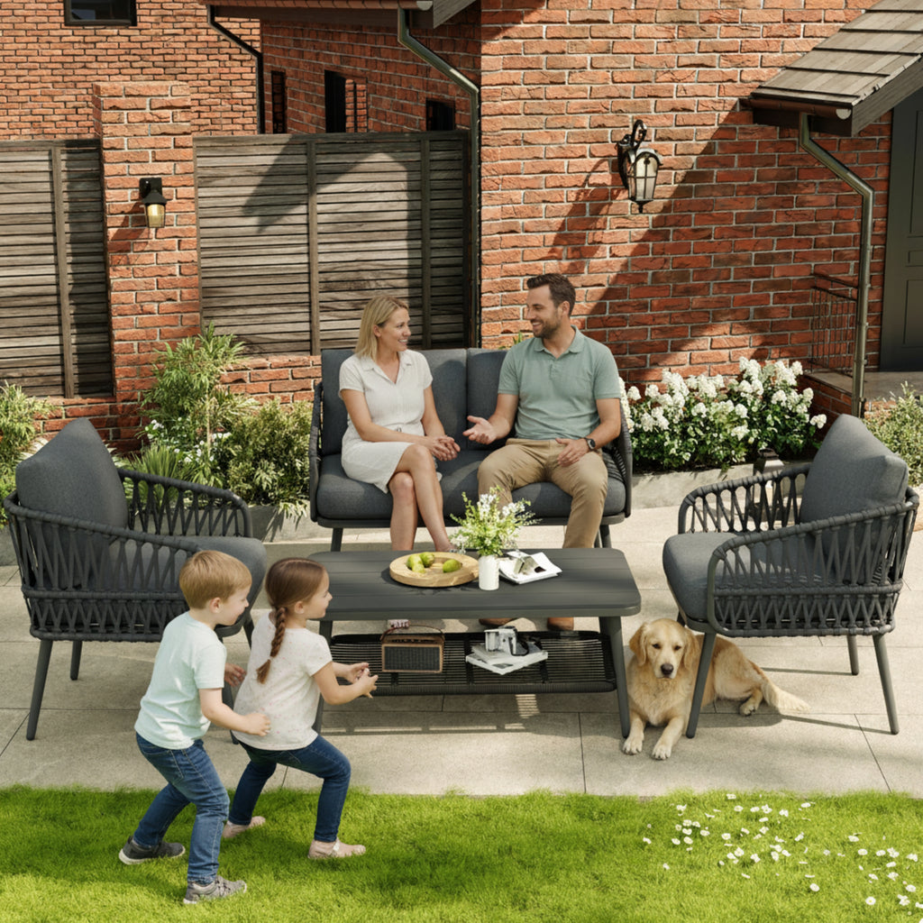 4 Seater Garden Set with Plastic Wood Storage Coffee Table, Polyester Rope Outdoor Set with Sofa and Armchairs, Weatherproof Outdoor Patio Sofa for Balcony and Terrace, Linen, Grey