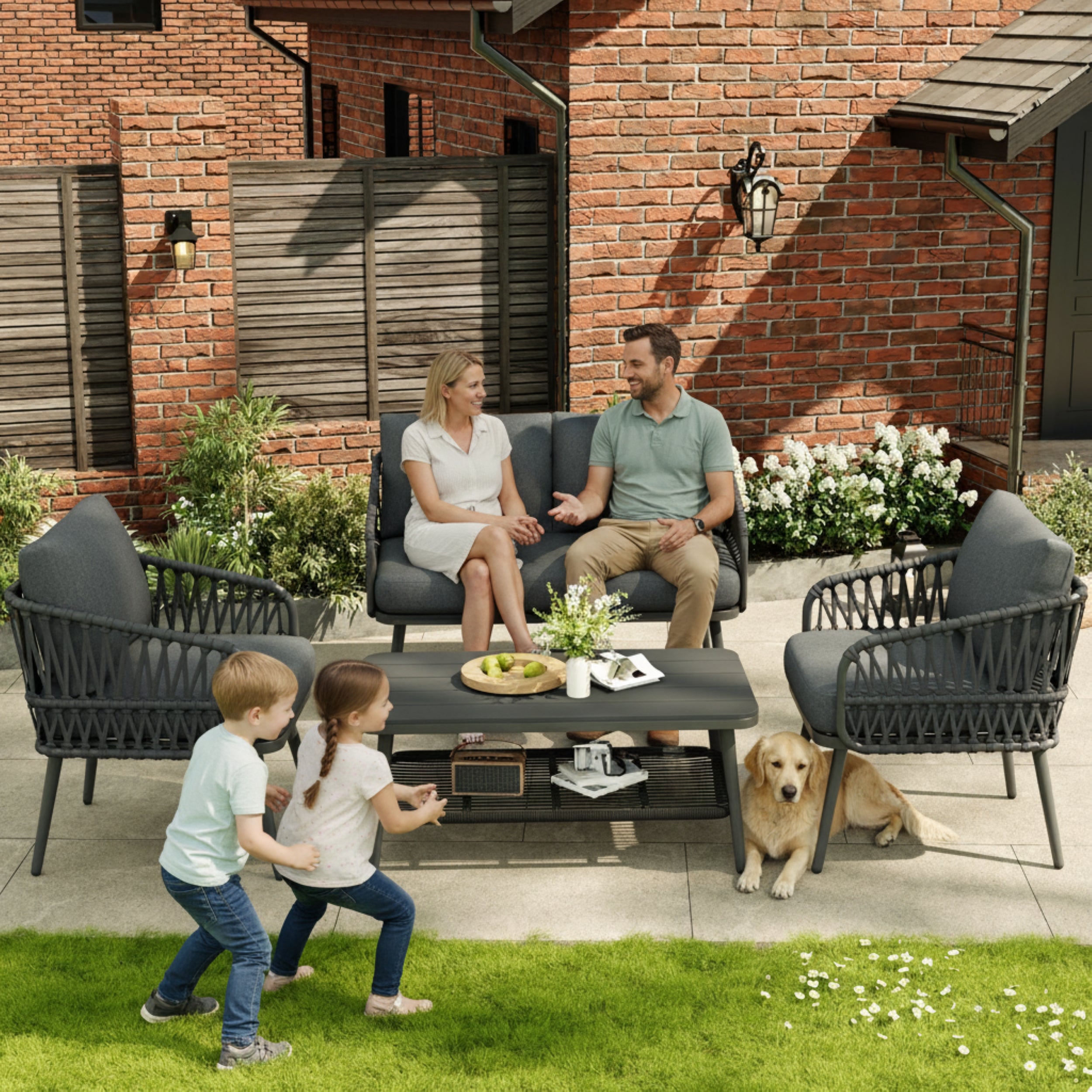 4 Seater Garden Set with Plastic Wood Storage Coffee Table, Polyester Rope Outdoor Set with Sofa and Armchairs, Weatherproof Outdoor Patio Sofa for Balcony and Terrace, Linen, Grey