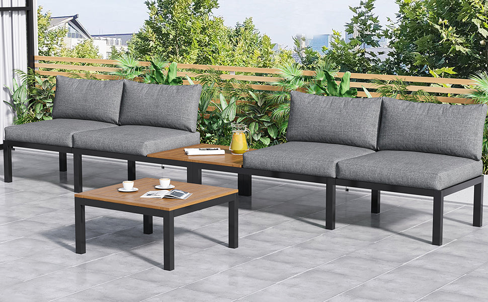 Outdoor Patio&Backyard Furniture Garden Lounge Set for 4 people, Space Saving Thick Quality L-Shaped Corner Sofa with Wooden Table, Grey