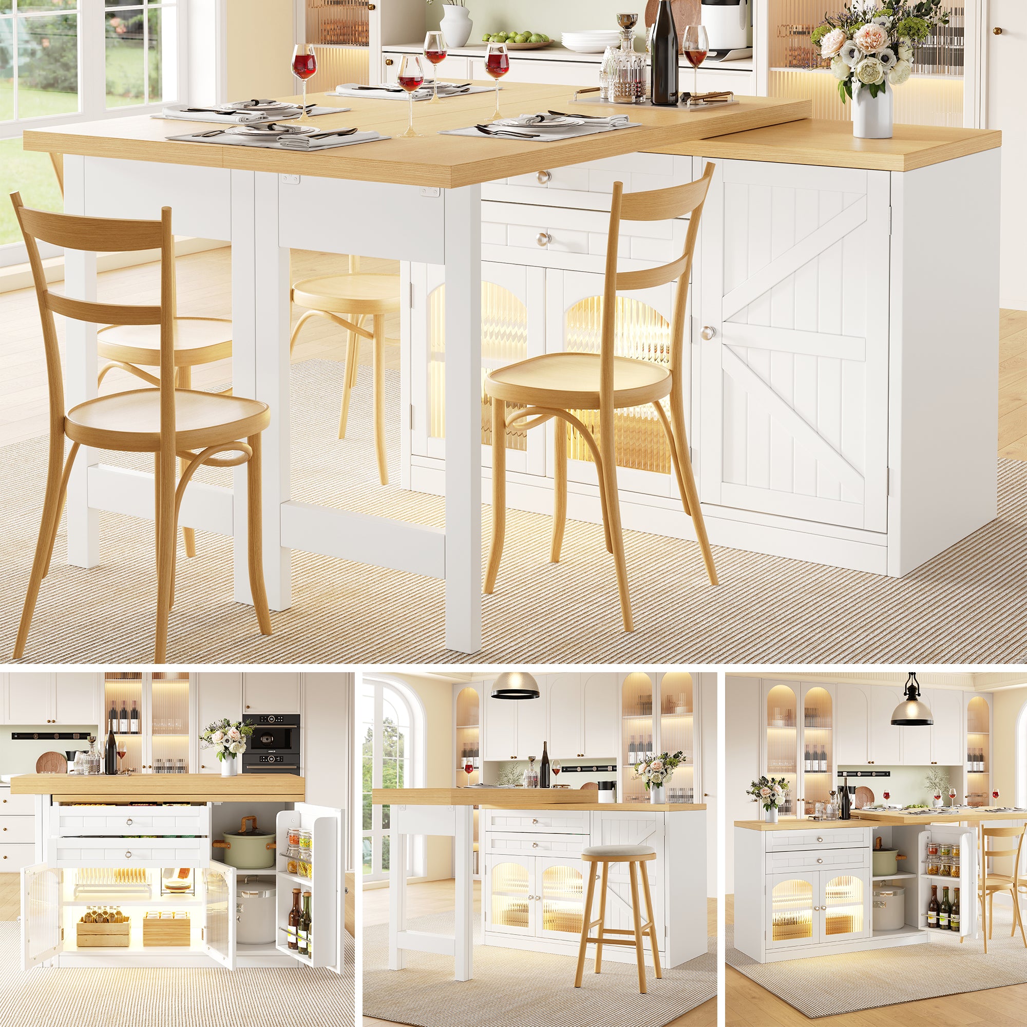Extendable kitchen island dining table 120–194cm, 360° rotating tabletop, with glass doors, drawers & door snack shelves, white