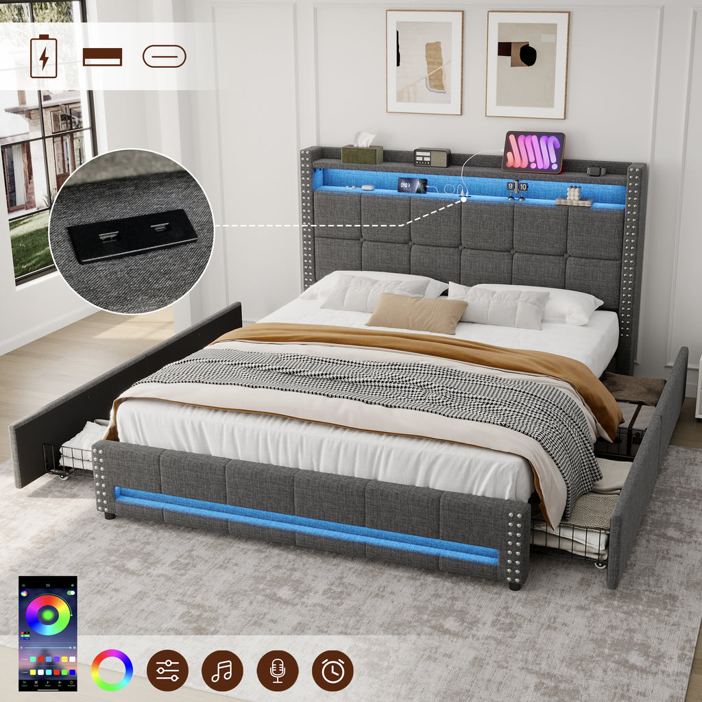 4ft6 Double Upholstered Bed with 4 Storage Drawers, LED Rivet  Storage Bed with Charging Station, Button Tufted Headboard with USB and Type-C Ports, Linen, Grey (No Mattress)