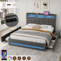 4ft6 Double Upholstered Bed with 4 Storage Drawers, LED Rivet  Storage Bed with Charging Station, Button Tufted Headboard with USB and Type-C Ports, Linen, Grey (No Mattress)