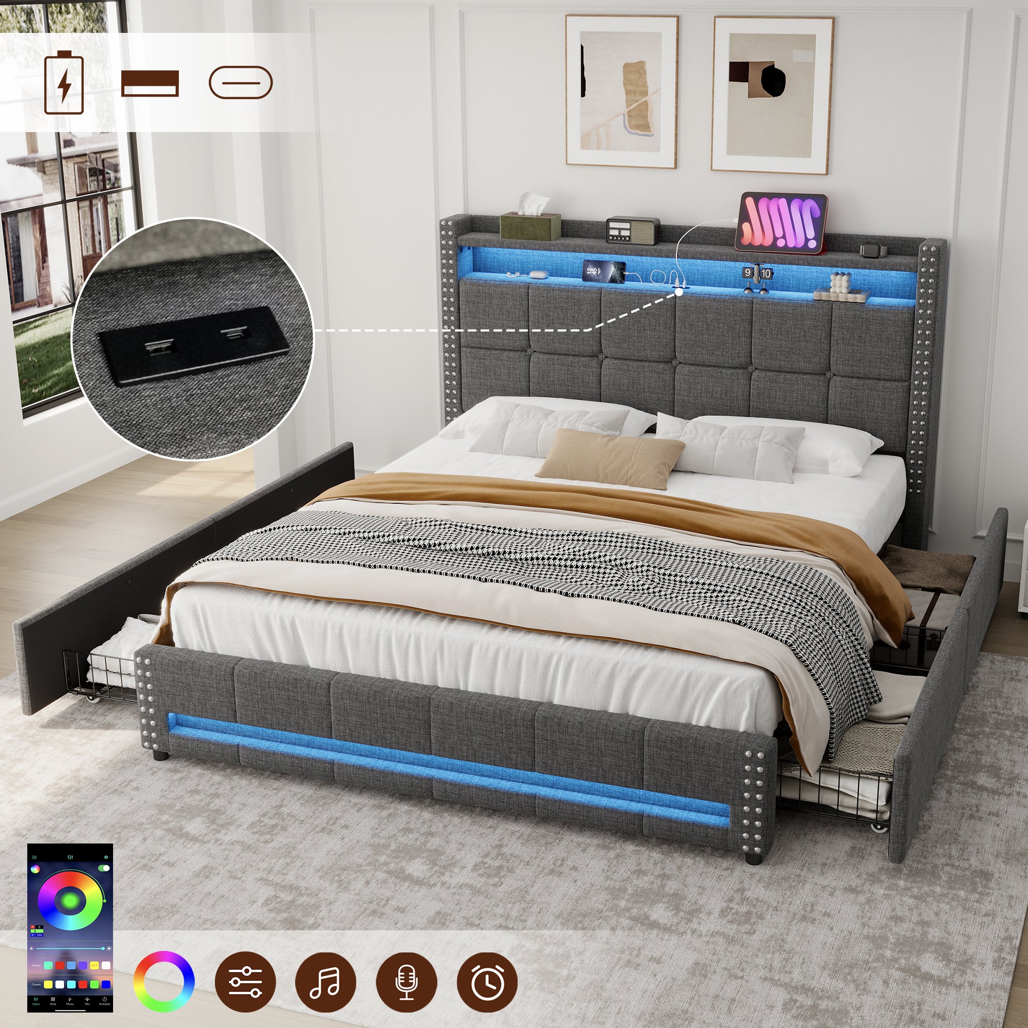 4ft6 Double Upholstered Bed with 4 Storage Drawers, LED Rivet  Storage Bed with Charging Station, Button Tufted Headboard with USB and Type-C Ports, Linen, Grey (No Mattress)