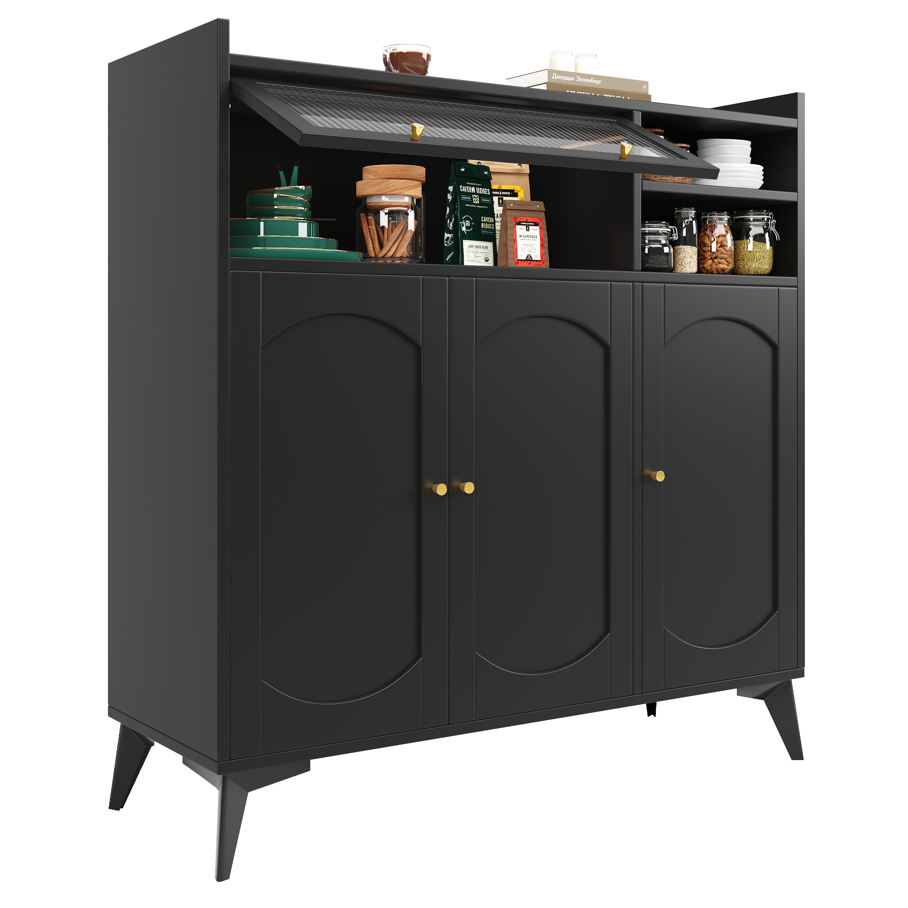 Sideboard (120 x 39.8 x 118.5 cm), modern and sleek black sideboard, large storage space, with glass door and golden handle, multifunctional furniture, suitable for dining room or living room