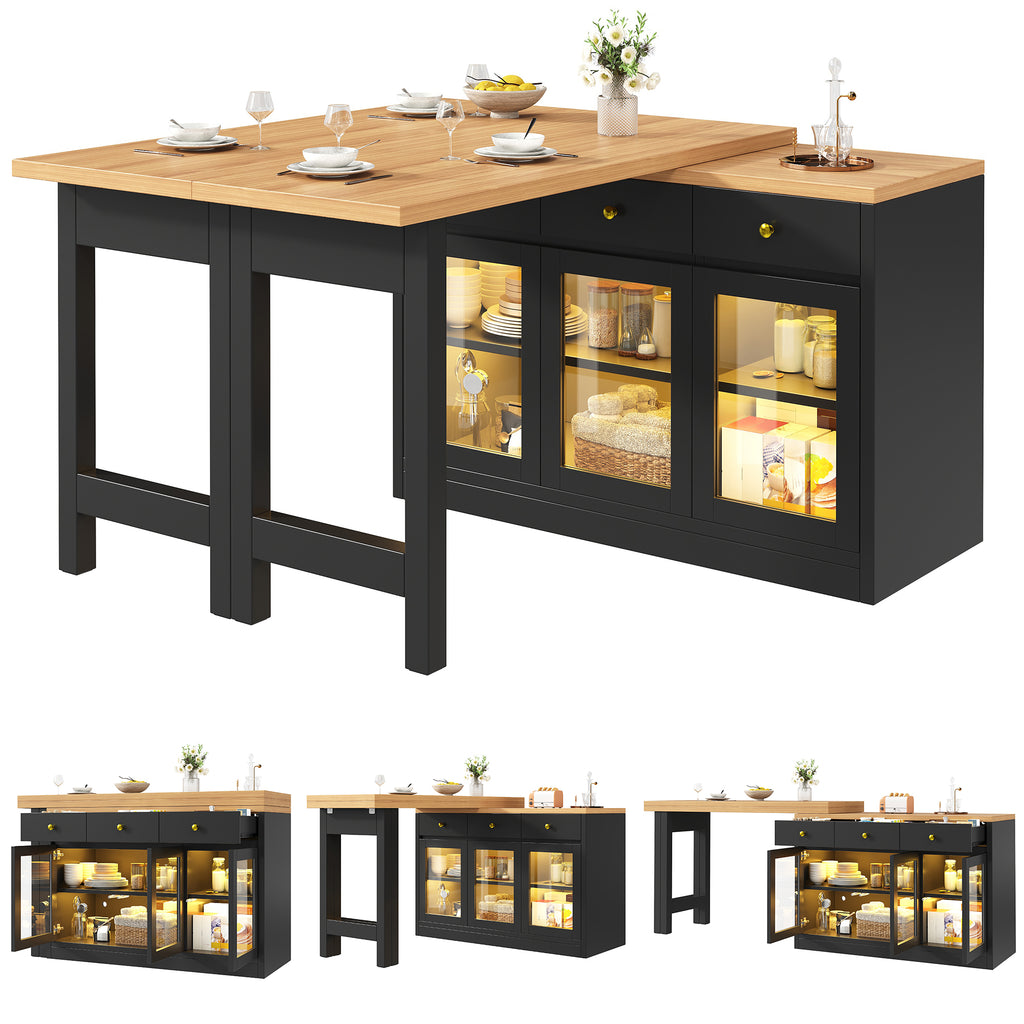 Extendable Kitchen Island with LED Lights, 120-200cm Adjustable Dining Table with Storage, 3 Drawers & Glass Cabinets, White/Black