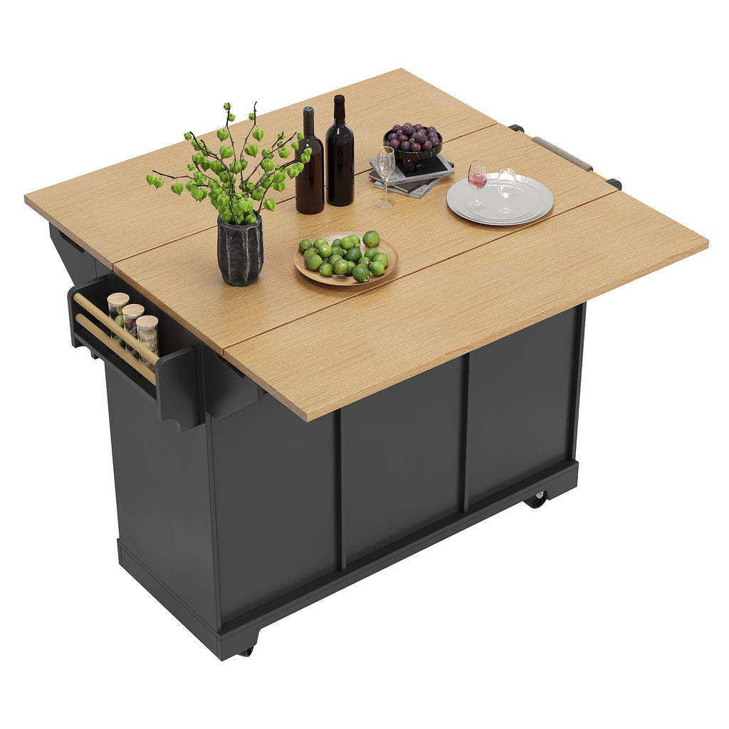 Kitchen island, cabinet, sideboard 120 x 40 (80) x 95 cm, extendable kitchen trolley with casters, extendable on both sides, with towel rail and spice rack, two doors, three drawers, black/white
