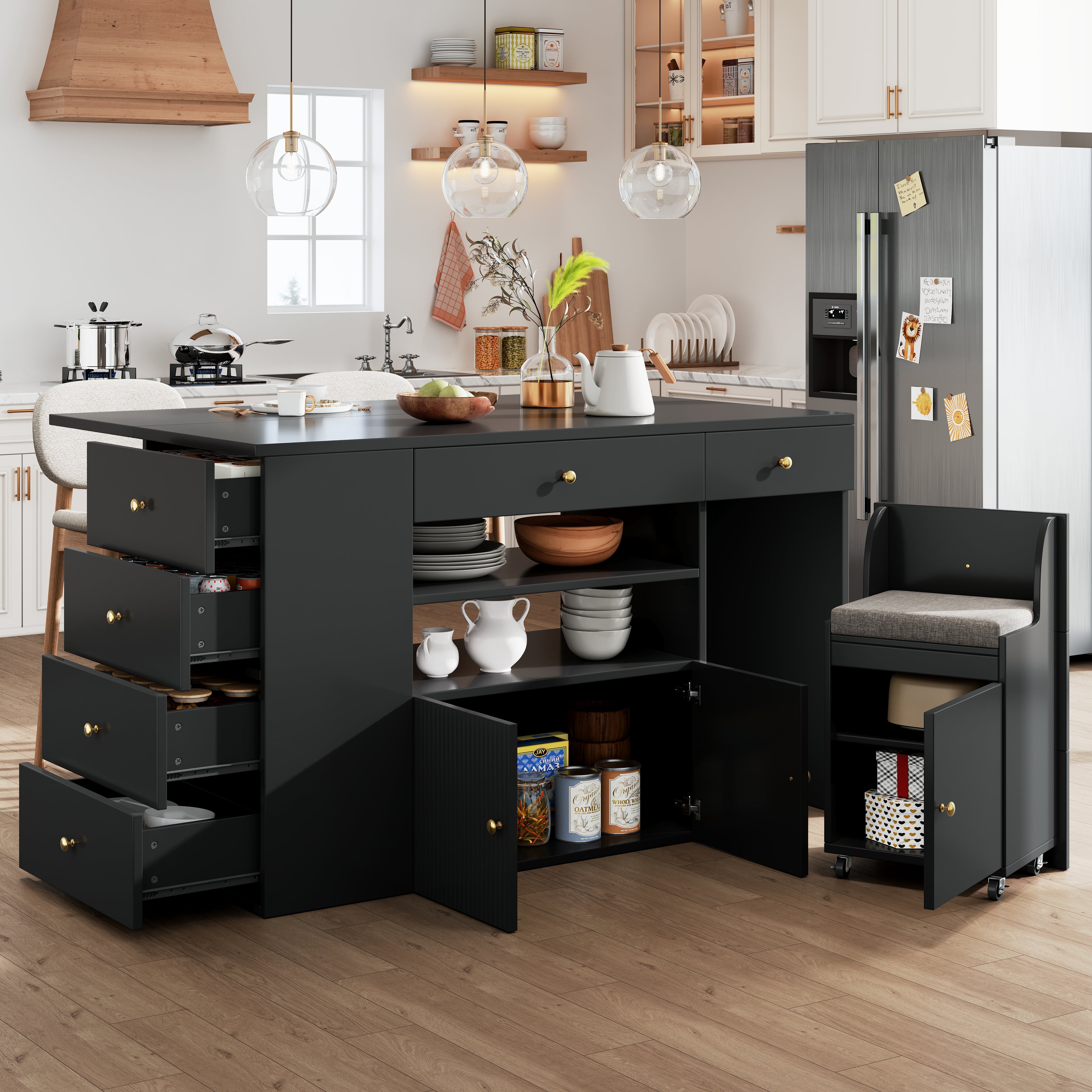 Adjustable Kitchen Island with Bar Stools - Sideboard & Cabinet with 6 Drawers, Width 140-70cm, White/Black