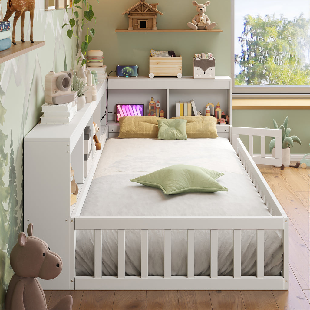 3ft Single Floor Bed Frame with Beside Bookcase and Storage Shelves, Full Floor Bed Frame with Guardrails and Door for Bedroom, USB and Type - C Ports, White (No Mattress)