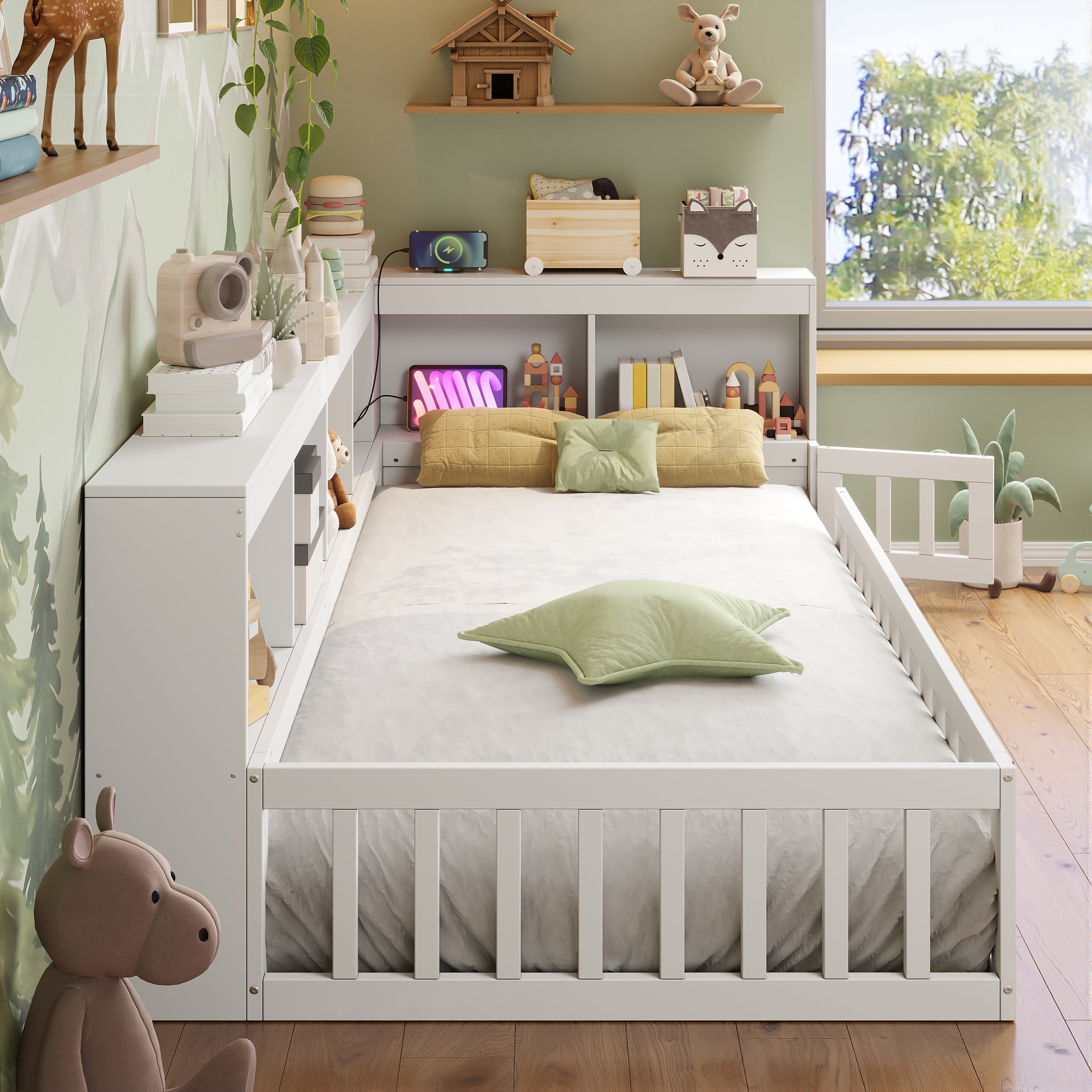 3ft Single Floor Bed Frame with Beside Bookcase and Storage Shelves, Full Floor Bed Frame with Guardrails and Door for Bedroom, USB and Type - C Ports, White (No Mattress)