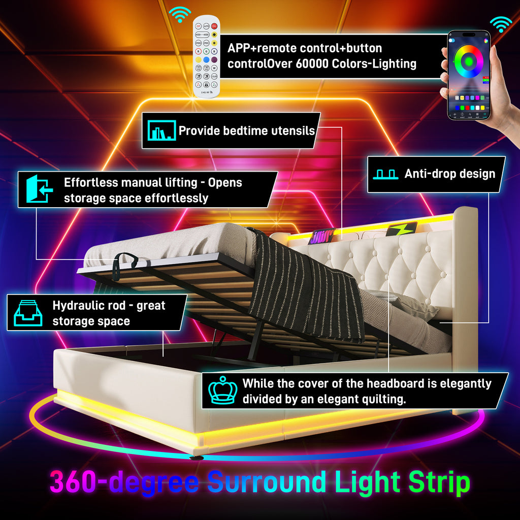 Upholstered Double Ottoman Bed with 360 Surround Led Function,Hydraulic Storage Bed Frame with Large Storage Space, 4ft6 Double Bed Frame with Charging Function,135 x190 ,PU, White (No Mattress)