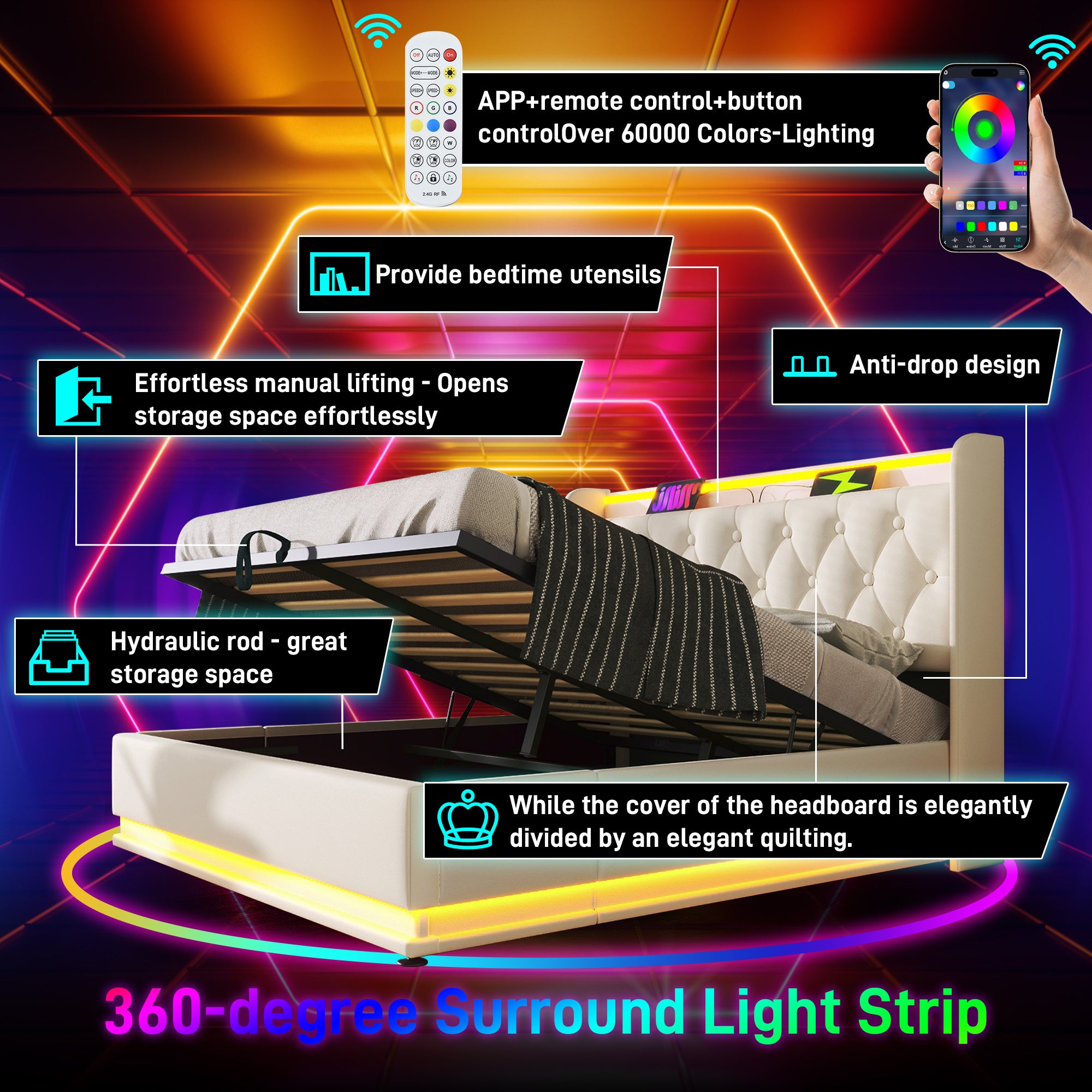 Upholstered Double Ottoman Bed with 360 Surround Led Function,Hydraulic Storage Bed Frame with Large Storage Space, 4ft6 Double Bed Frame with Charging Function,135 x190 ,PU, White (No Mattress)