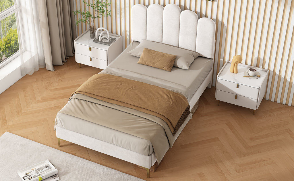 3ft Single  Premium Velvet Upholstered Bed Frame with Scalloped Channel Tufted Design, Height Adjustable Headboard & Gold Metal Feet, Under-bed Storage Space, No Box Spring Needed, Beige (No Mattress)