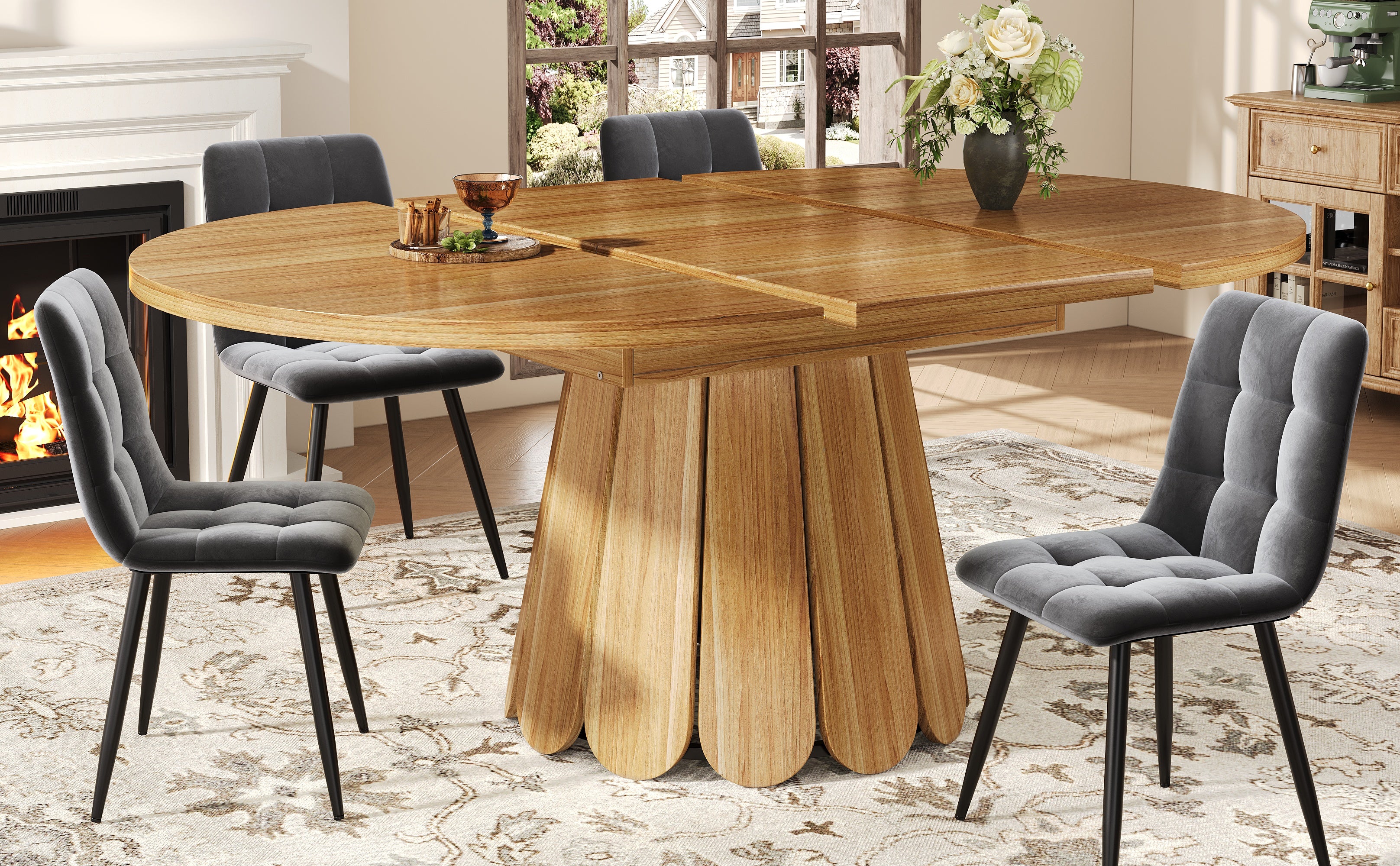 Extendable dining table, dining room table, kitchen table, balcony table, wooden dining table Round dining table, extends to oval, 118–158 cm, seats up to 6 people, wood