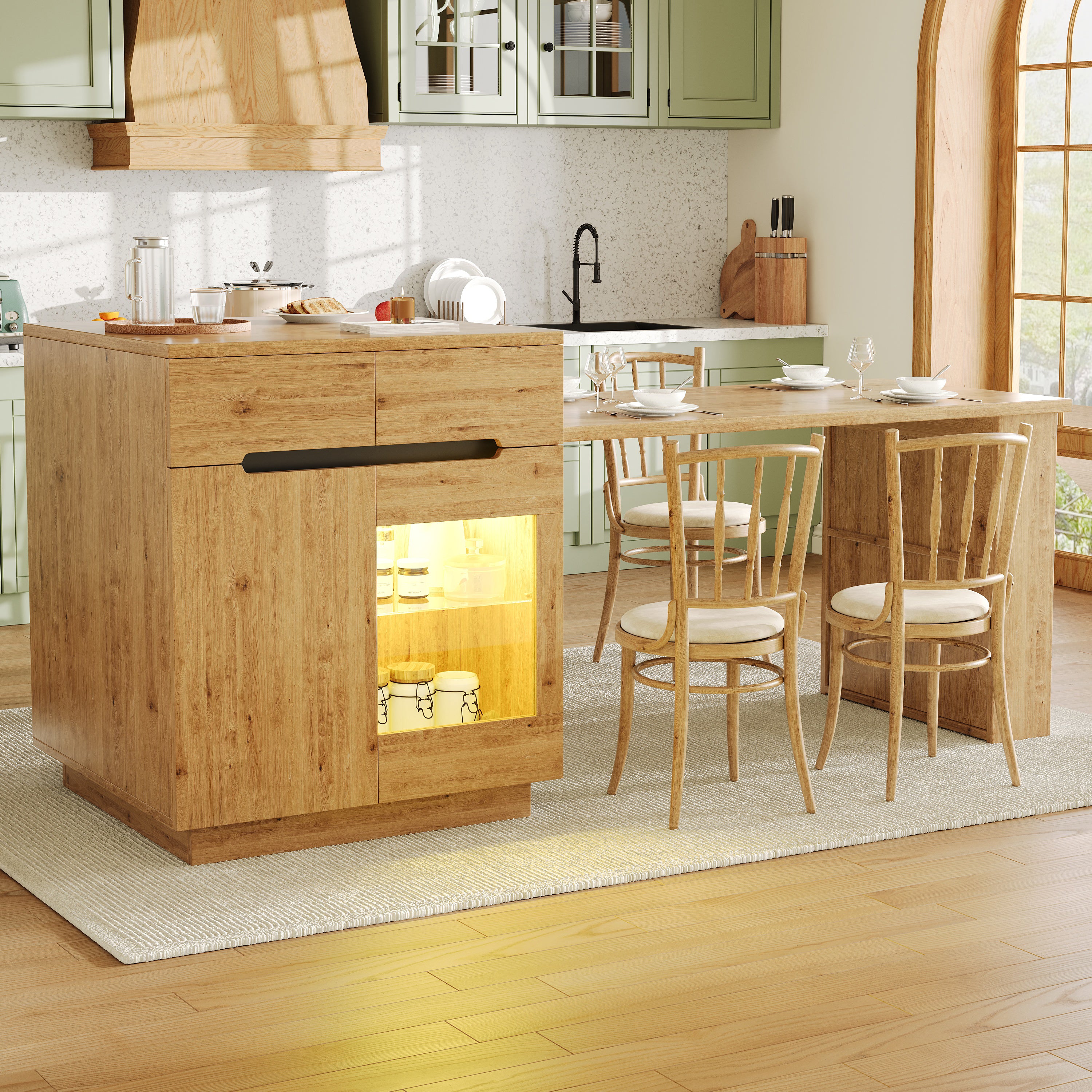 Kitchen Island with Extendable Table, Multifunctional Kitchen Storage Cabinet with LED Lighting (App Control), Oak Effect, Glass Door, for Kitchen & Dining Room