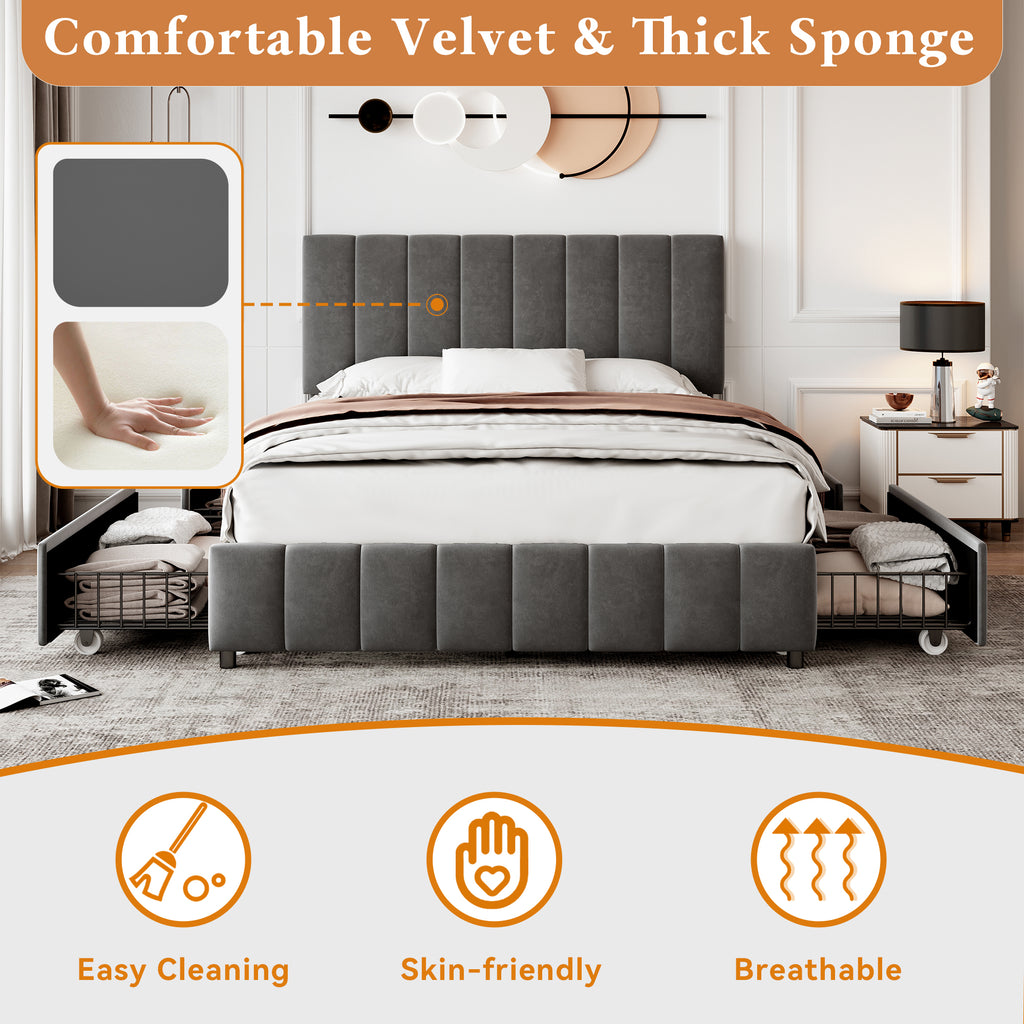4ft6 Double Upholstered Bed with 4 Storage Drawers, Velvet Platform Bed Frame with Adjustable Channel Tufted Headboard, Metal-Wood Support, No Box Spring Needed, Easy Assembly, Grey (No Mattress)