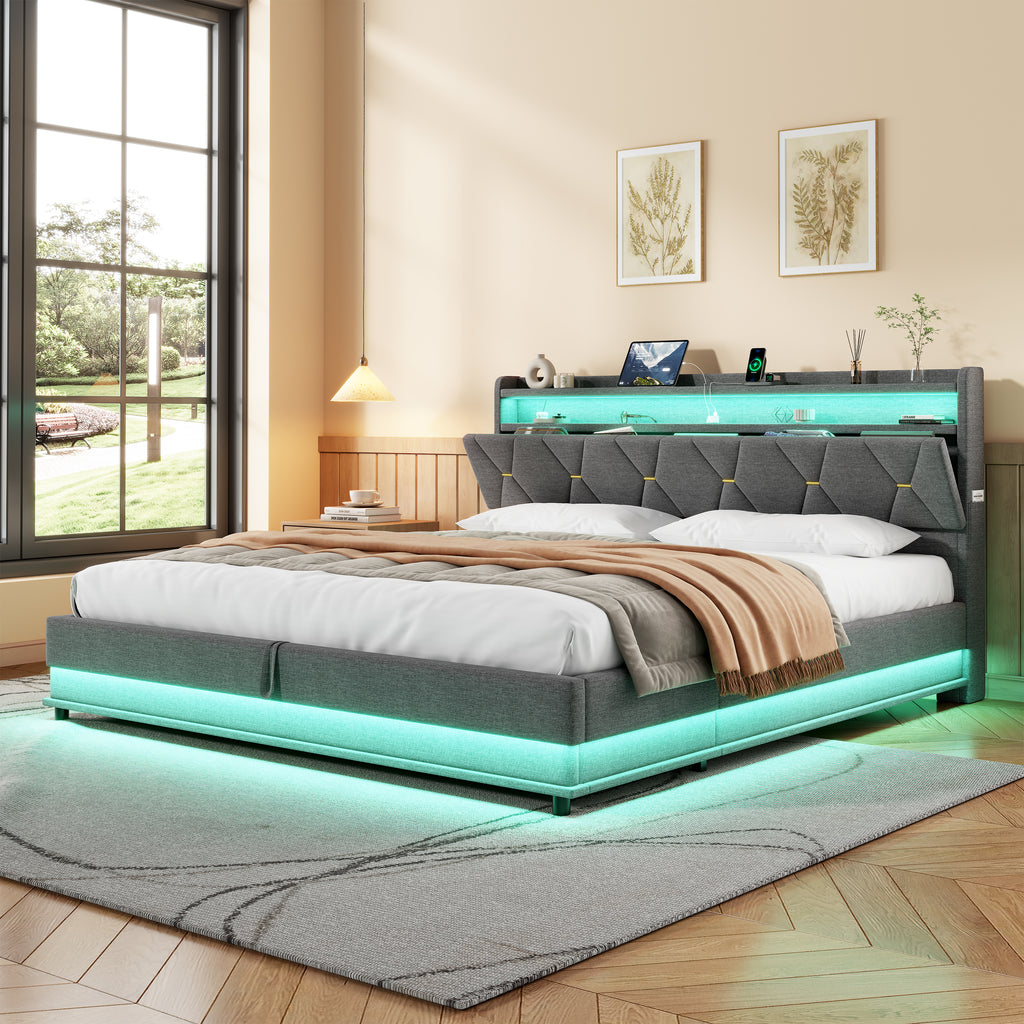 6ft Super King Upholstered Bed Frame with Hydraulic Storage,  LED Headboard with Charging Station and Concealed Headboard Storage, USB and Type - C Ports, Linen,  Grey (No Mattress)