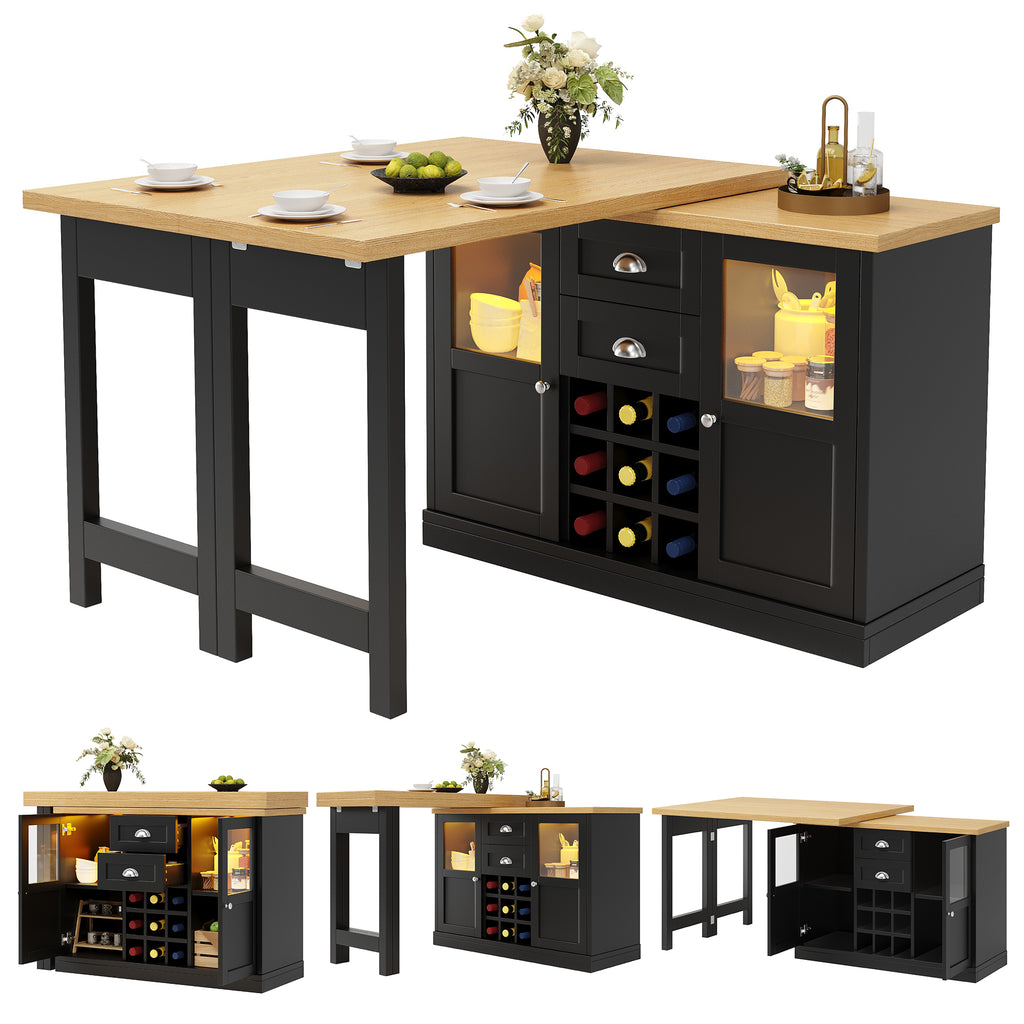 Extendable Sideboard with LED Lights, 120-197cm Adjustable Dining Table with Storage, 2 Drawers & Glass Cabinet doors, White/Black