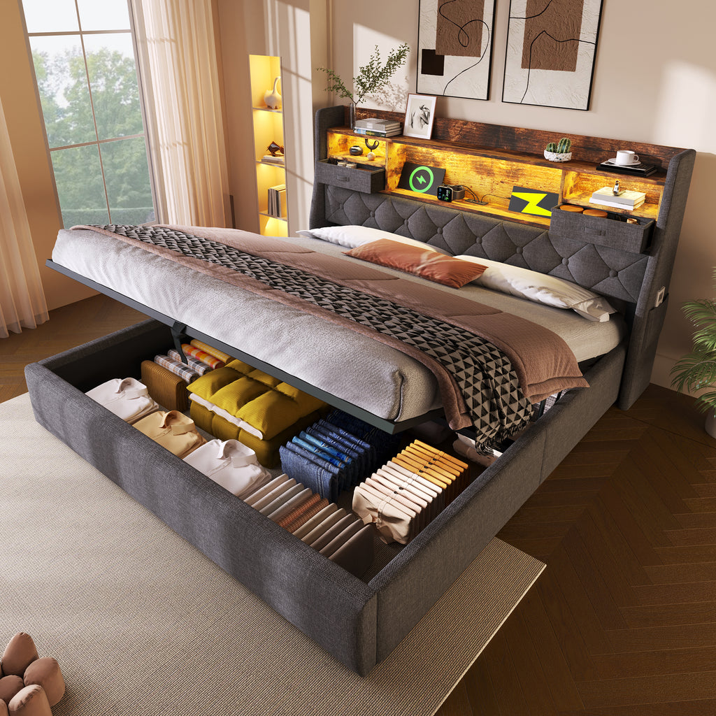 Upholstered Bed 4ft6 Hydraulic Bed with LED Lighting, USB Type-C Charging, Storage Headboard for Cellphones & Tablets, 135 x 190 cm Double Bed with Metal Slatted Frame, Linen, Grey (No Mattress)