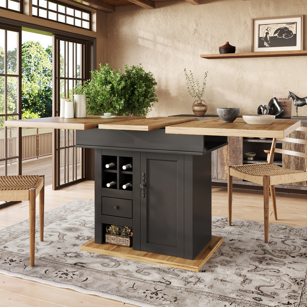 Telescopic dining table (110-140×80cm), foldable kitchen table for 4-6 people, extendable dining table, space-saving kitchen table, for kitchen and living room, dining table with wine rack and drawers