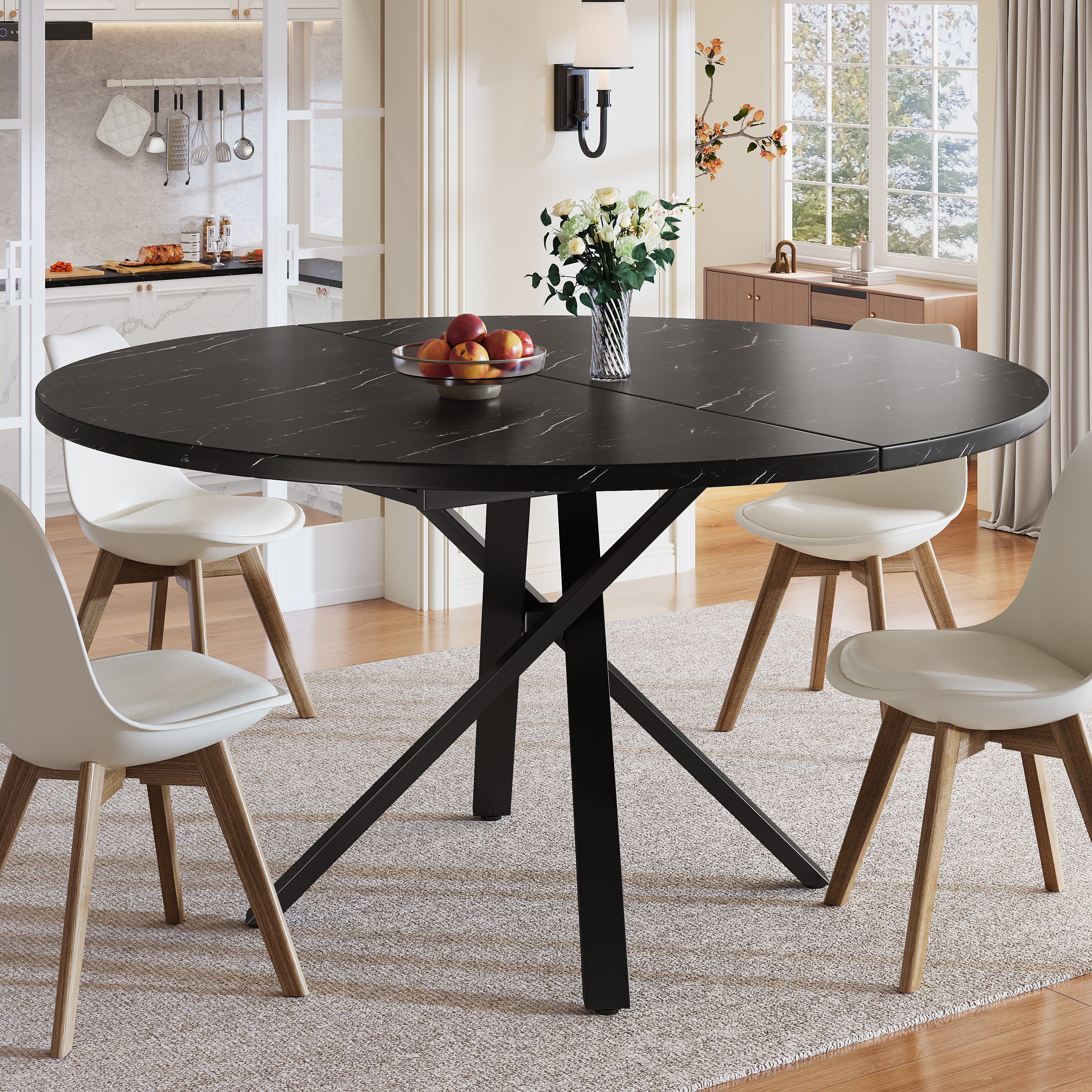 Round extendable table with marble look - 100 cm (extendable to 140 cm) x 75.5 cm high - With sturdy X-shaped metal frame in black - Ideal as a kitchen table or breakfast table