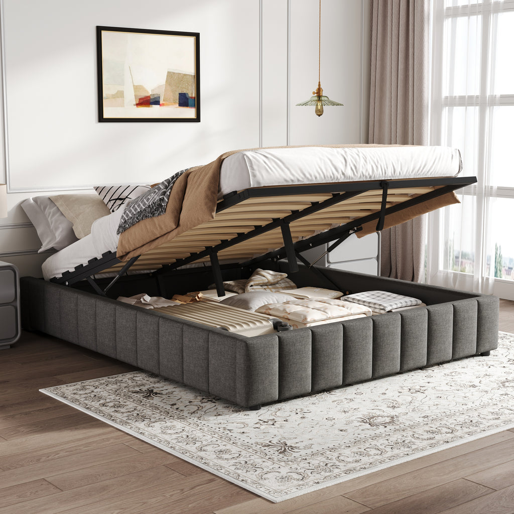 4ft6 Double Upholstered Storage Bed Frame, No Headboard  Linen Bed Frame with Hydraulic Storage, Channel Tufted  Ottoman Bed, Metal-Wood Support, No Box Spring Needed, Easy Assembly,Grey (No Mattress)