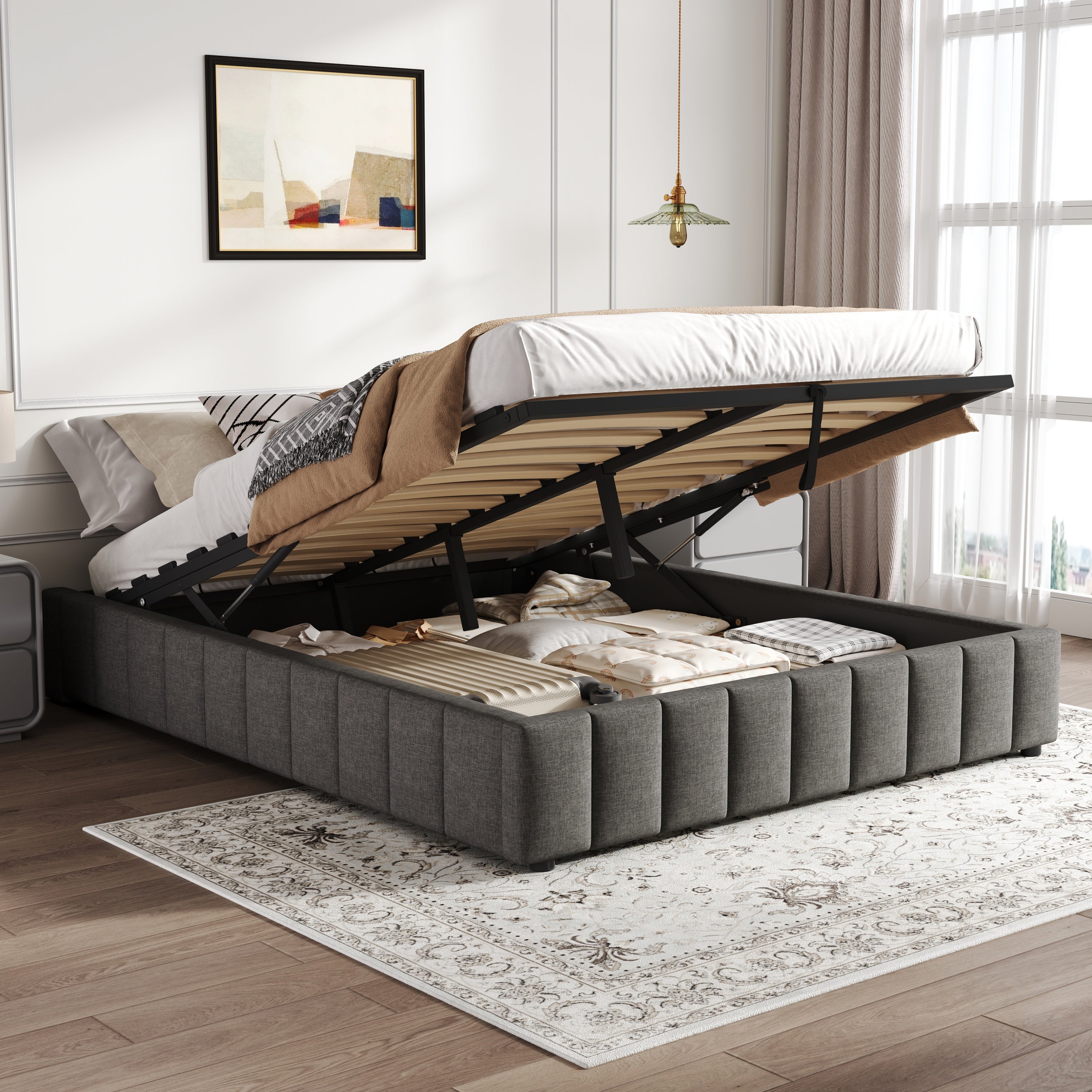 4ft6 Double Upholstered Storage Bed Frame, No Headboard  Linen Bed Frame with Hydraulic Storage, Channel Tufted  Ottoman Bed, Metal-Wood Support, No Box Spring Needed, Easy Assembly,Grey (No Mattress)