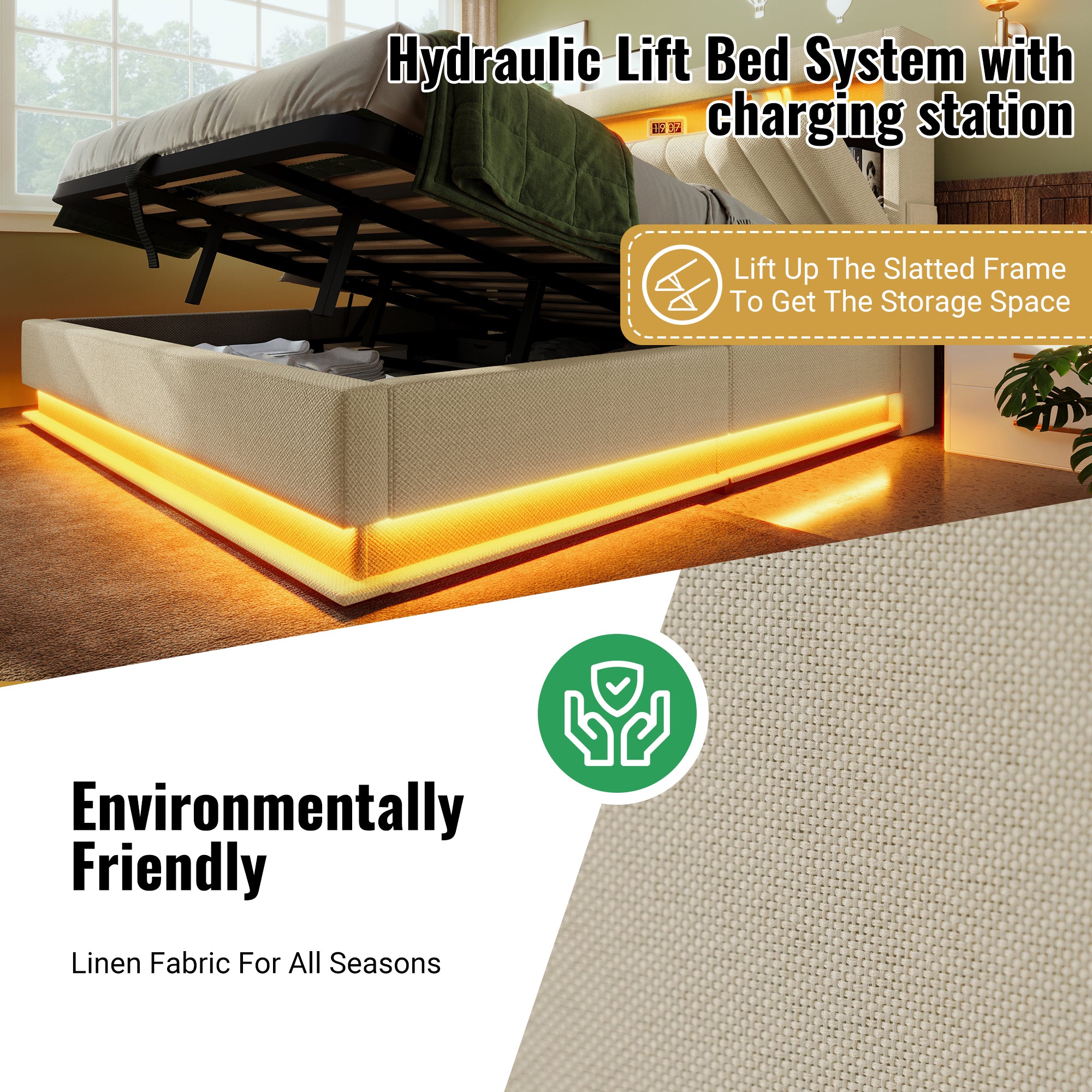 Upholstered Bed 150 x 200 cm with LED Lighting, USB Type-C Charging, Storage Headboard for Cellphones and Tablets, 5ft Hydraulic Storage Bed with Metal Slatted Frame, Linen, Beige (No Mattress)