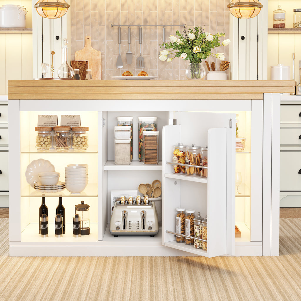 Extendable Sideboard with LED Lights, 120-197 cm Adjustable Dining Table with Storage, Kitchen cabinet with glass shelves & snack rack, White/Black