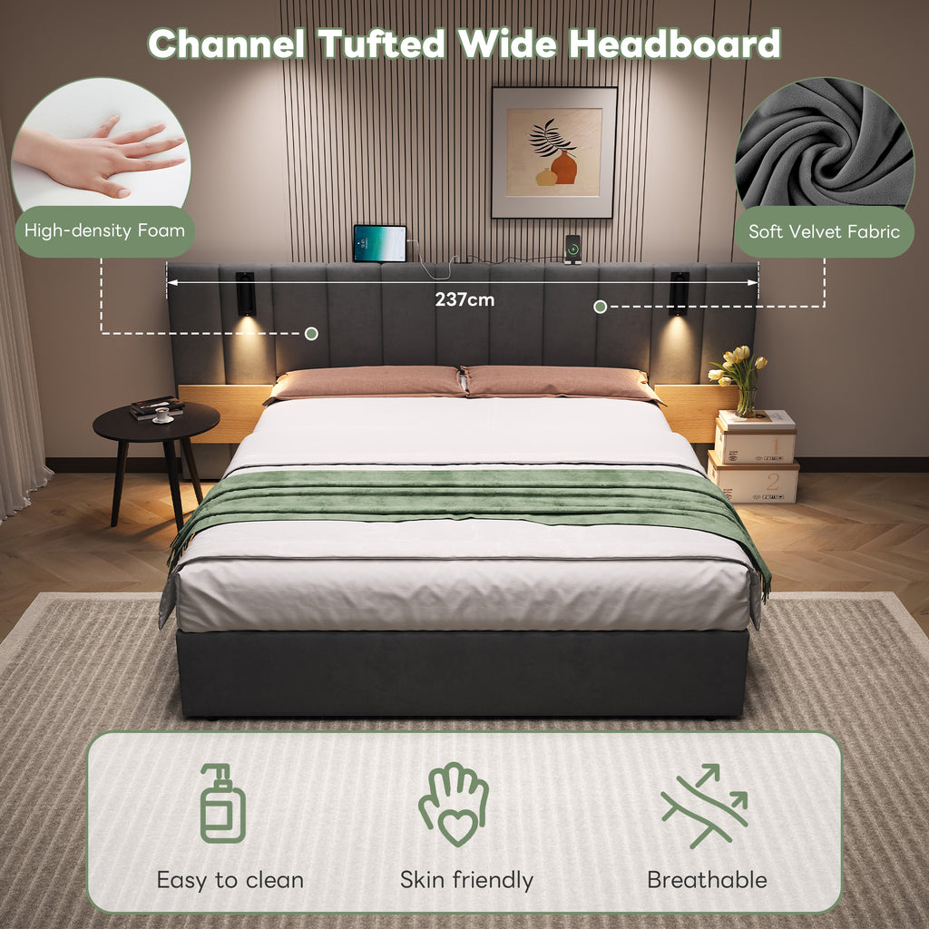 King Upholstered Bed with Charging Station, Velvet Hydraulic Storage Bed with Reading Light, 5ft King Bed Frame with Channel Tufted Headboard and Adjustable Bedside Shelf, Grey (No Mattress)