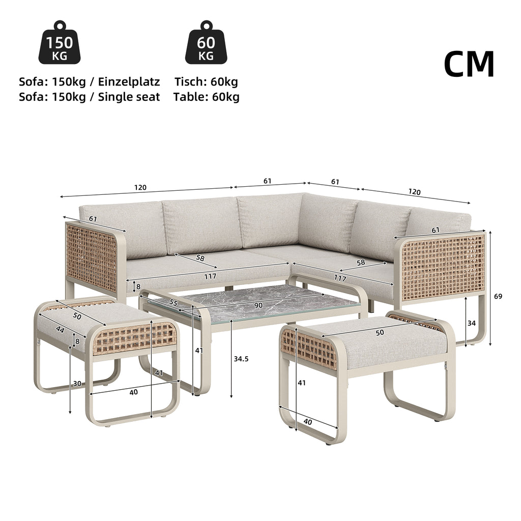 Outdoor garden lounge set, rattan furniture set for 6-7 people, corner sofa with galvanised iron frame, adjustable legs, includes all seat and back cushions, beige