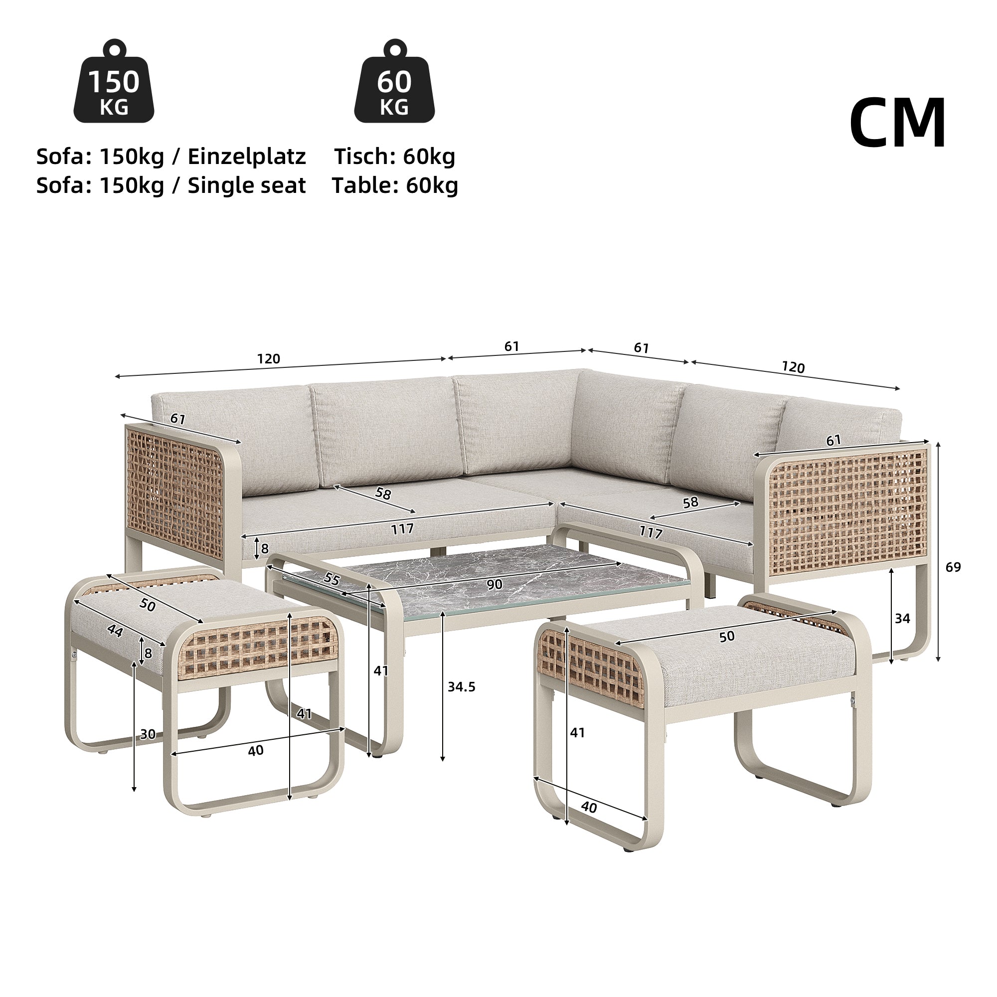 Outdoor garden lounge set, rattan furniture set for 6-7 people, corner sofa with galvanised iron frame, adjustable legs, includes all seat and back cushions, beige