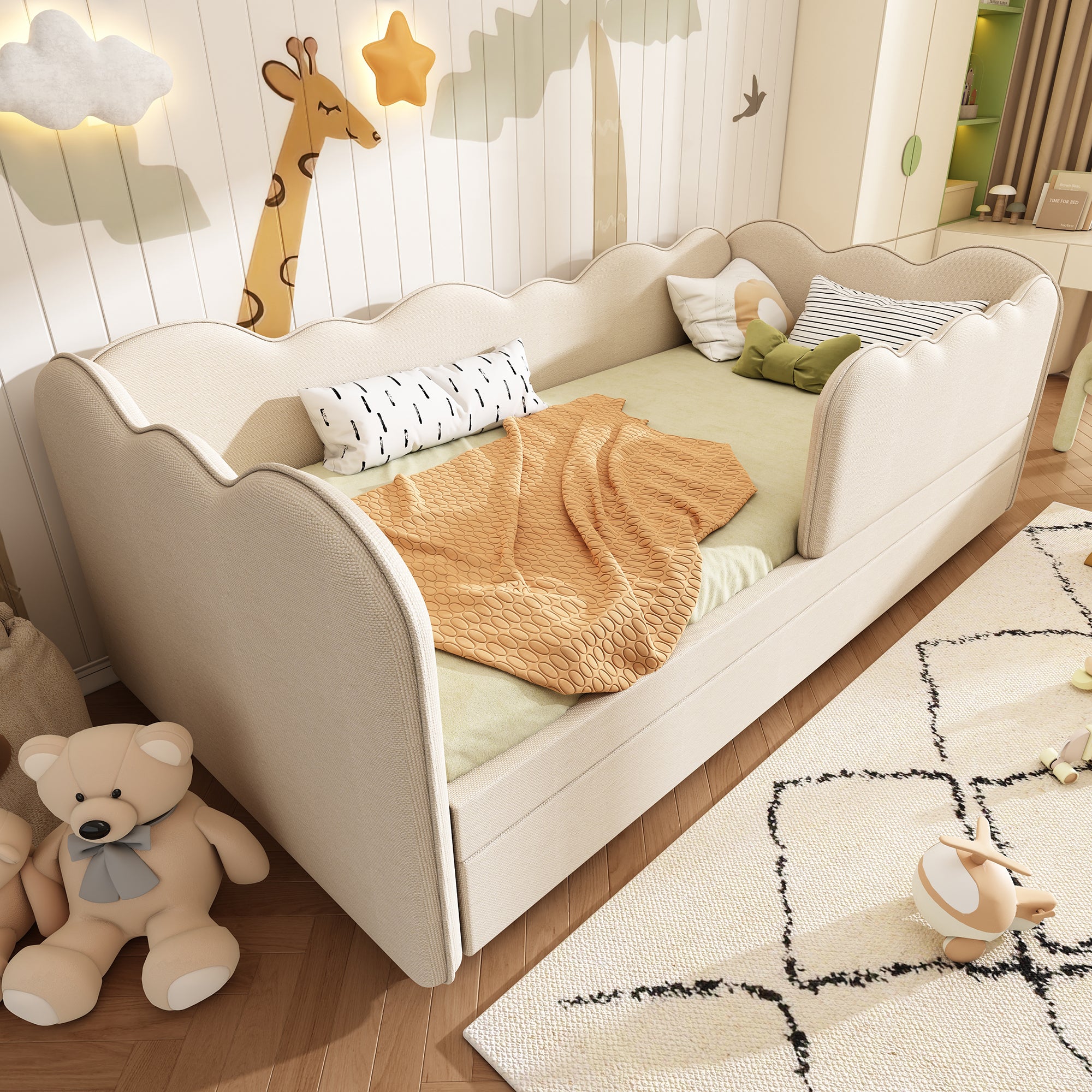 Upholstered Bed Daybed 90 x 190 cm, 3FT Single Bed with Pull out Trundle, Sofa Bed For Adults and Children, Single Daybed With Slatted Frame, Linen, Beige (No Mattress)