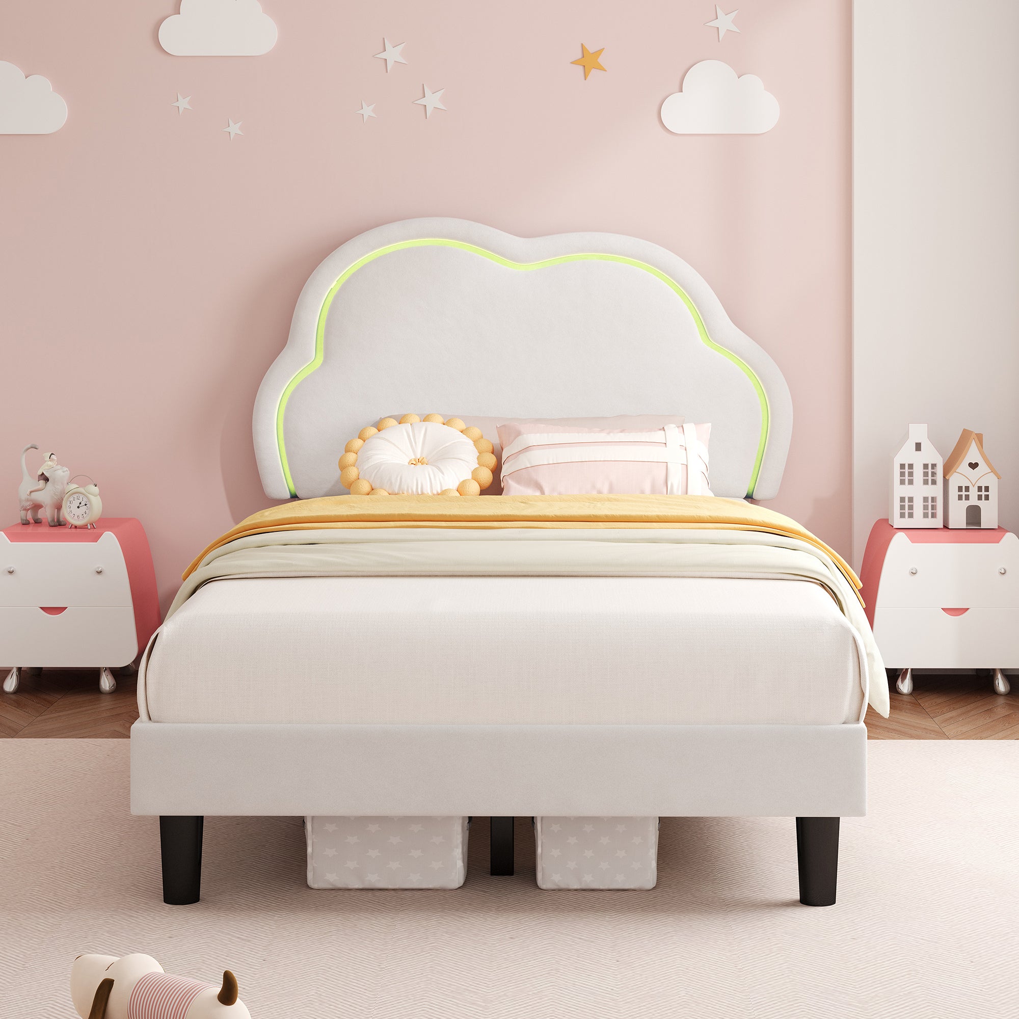 3ft Single Upholstered Bed with LED Adjustable Cute Cloud Headboard, Soft Velvet Bed Frame with Solid Wood Slat, No Box Spring Needed, Easy Assembly, Cream White (No Mattress)