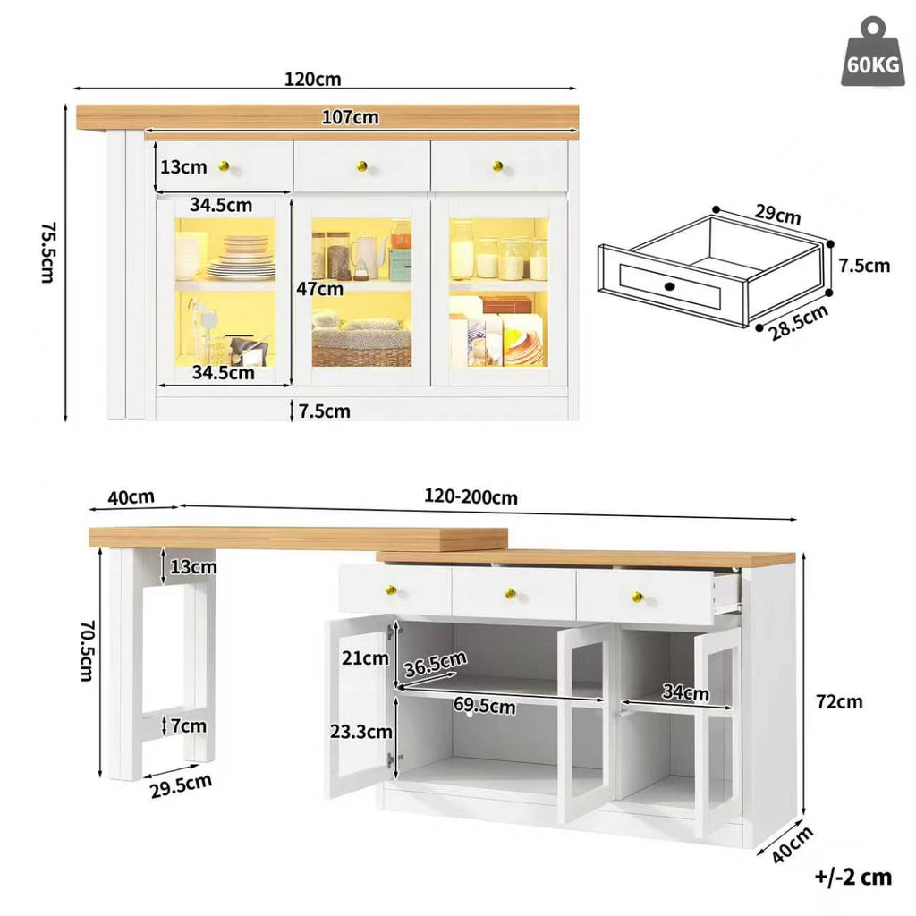 Extendable Kitchen Island with LED Lights, 120-200cm Adjustable Dining Table with Storage, 3 Drawers & Glass Cabinets, White/Black
