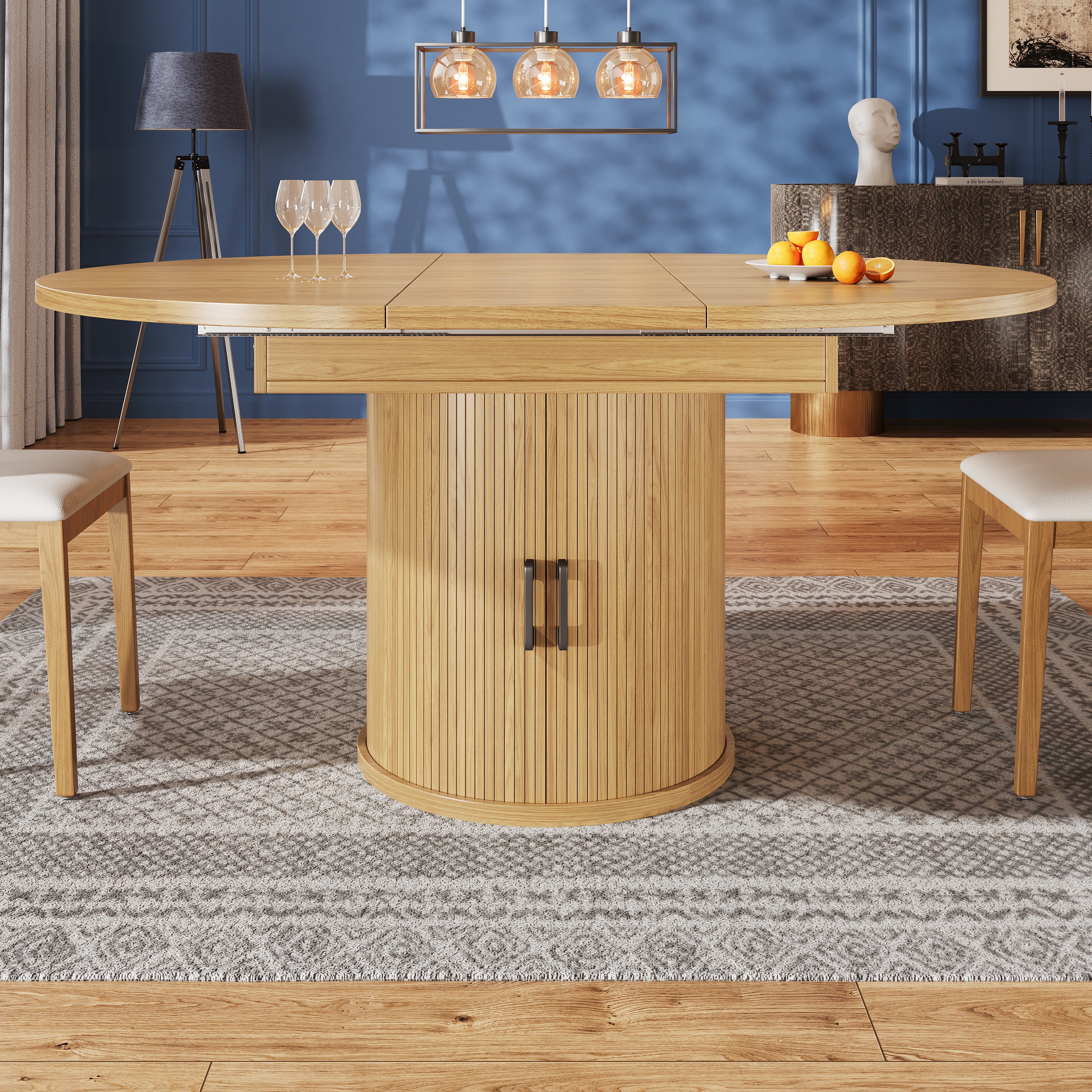 Extendable dining table, dining room table, kitchen table, balcony table, extendable table top Round dining table, extends to oval, 118–158 cm, seats up to 6 people, natural