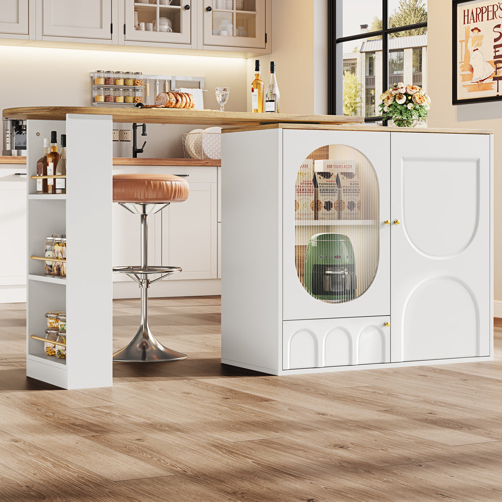 360° rotating bar table (body 138 x 39 x 105 cm), coffee bar furniture, rotating dining table with storage space, kitchen island, two doors with shelves, sideboard, buffet, white