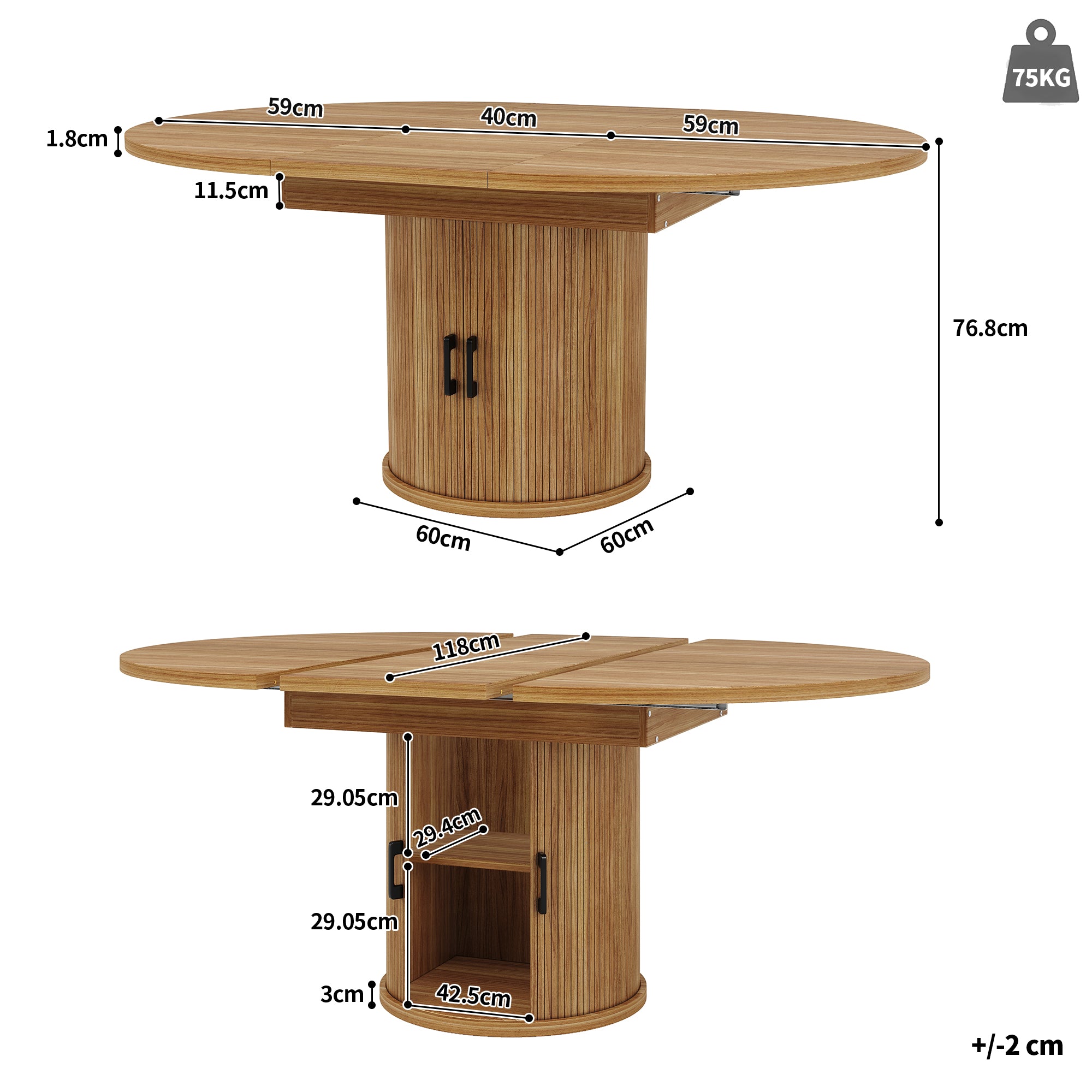 Extendable dining table, dining room table, kitchen table, balcony table, extendable table top Round dining table, extends to oval, 118–158 cm, seats up to 6 people, walnut/black