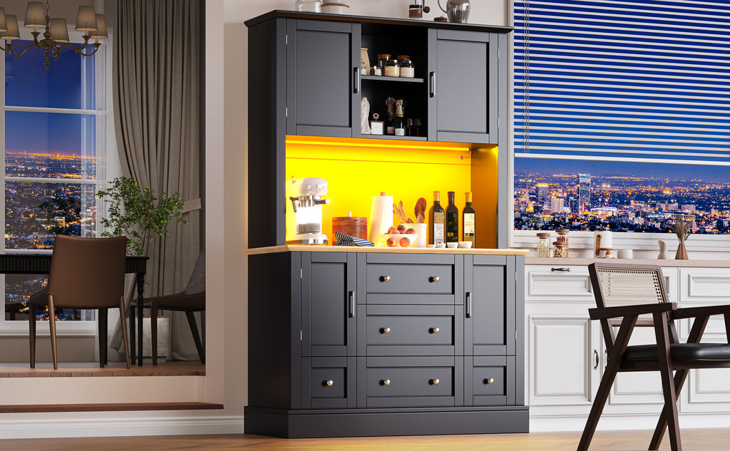 Snack cabinet, kitchen cabinet (115 x 40 x 180 cm), tall kitchen dining cabinet, sideboard, kitchen cabinet with five drawers and LED lighting, suitable for kitchen, living room, dining room, black