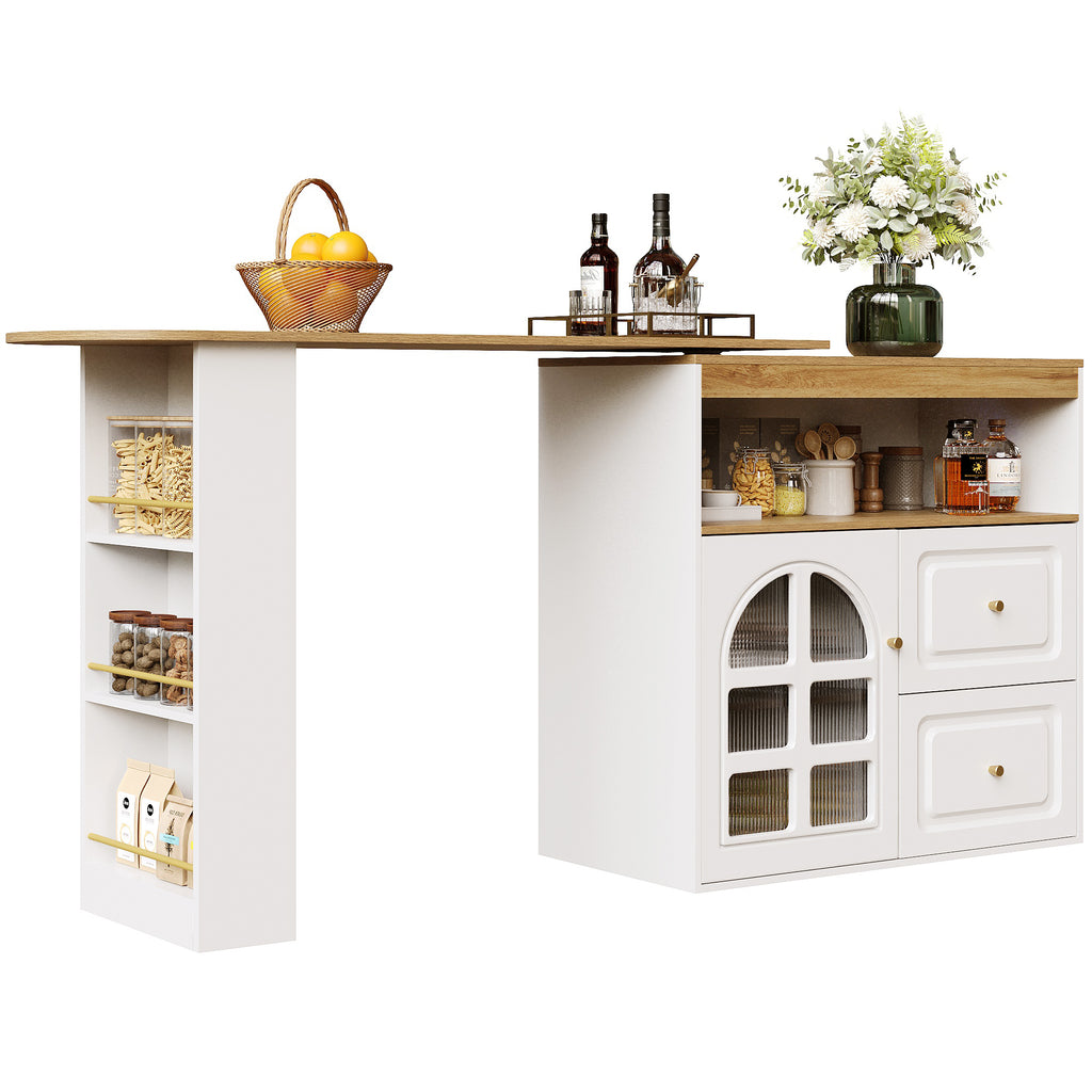 Rotating sideboard, suitable for bedrooms, living rooms, dining rooms, 2 drawers, snack shelf, open storage compartment, rotating sideboard cabinet with shelves and curved glass, white
