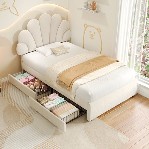 3ft Single Upholstered Bed with Adjustable Chic Petal Headboard, Soft Velvet Bed Frame with 2 Storage Drawers, Petal Bed with Solid Wood Slat, No Box Spring Needed, Easy Assembly, Beige (No Mattress)