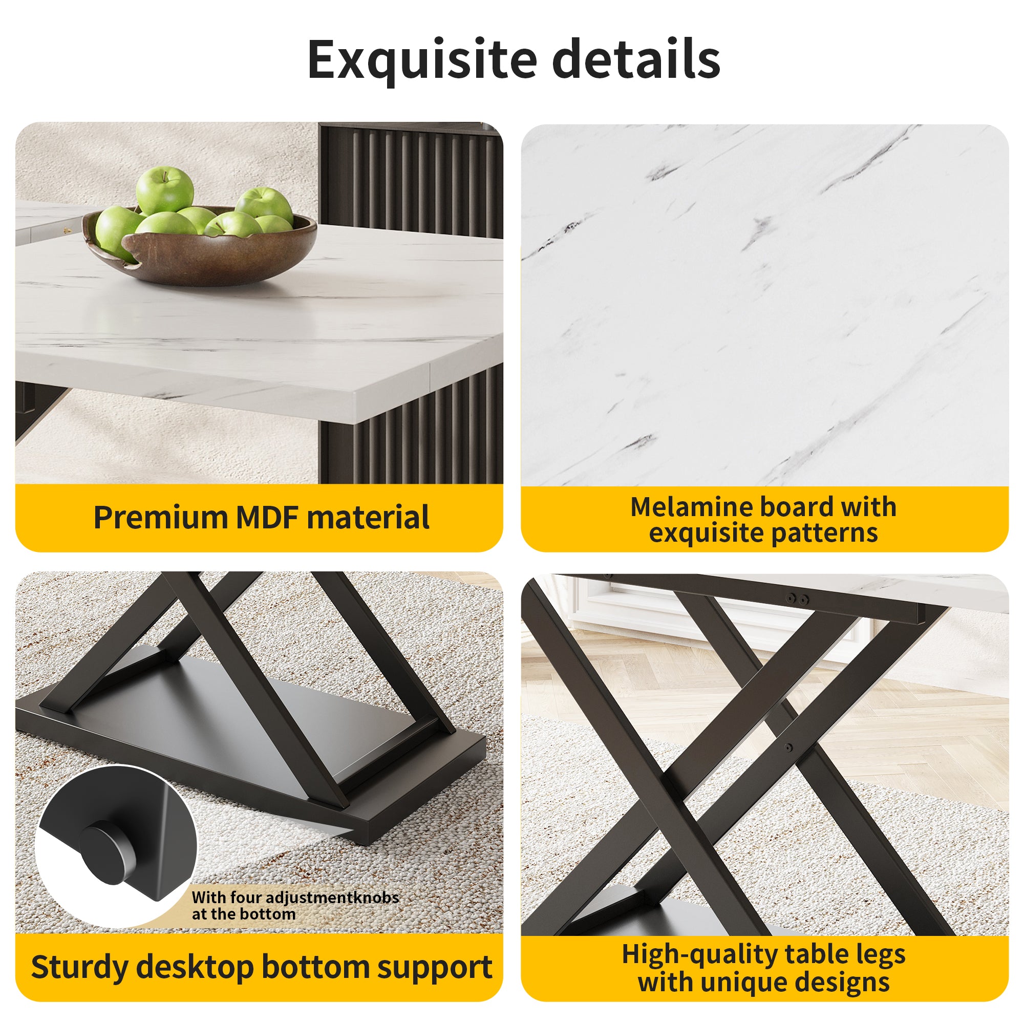 Telescopic dining table (120-160×80 cm), extendable dining table, space-saving kitchen table, black crossed iron legs, for kitchen and living room, white marble dining table
