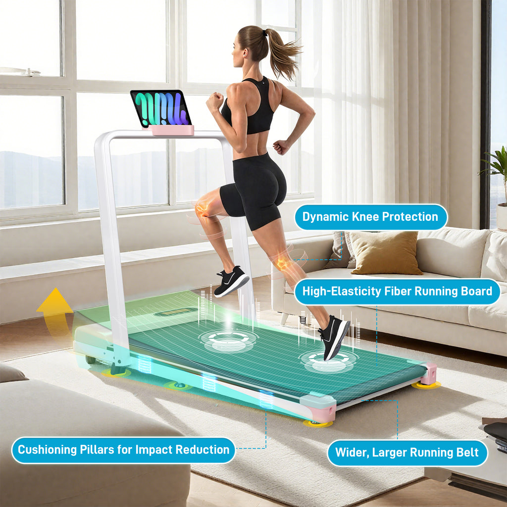Folding Treadmill with Handrail & Adjustable Incline, 1-10 km/h Running Machine, Space Saving Low Noise Design, LED Display, Phone Holder, Remote Control, Transport Wheels & Plug, Pink.