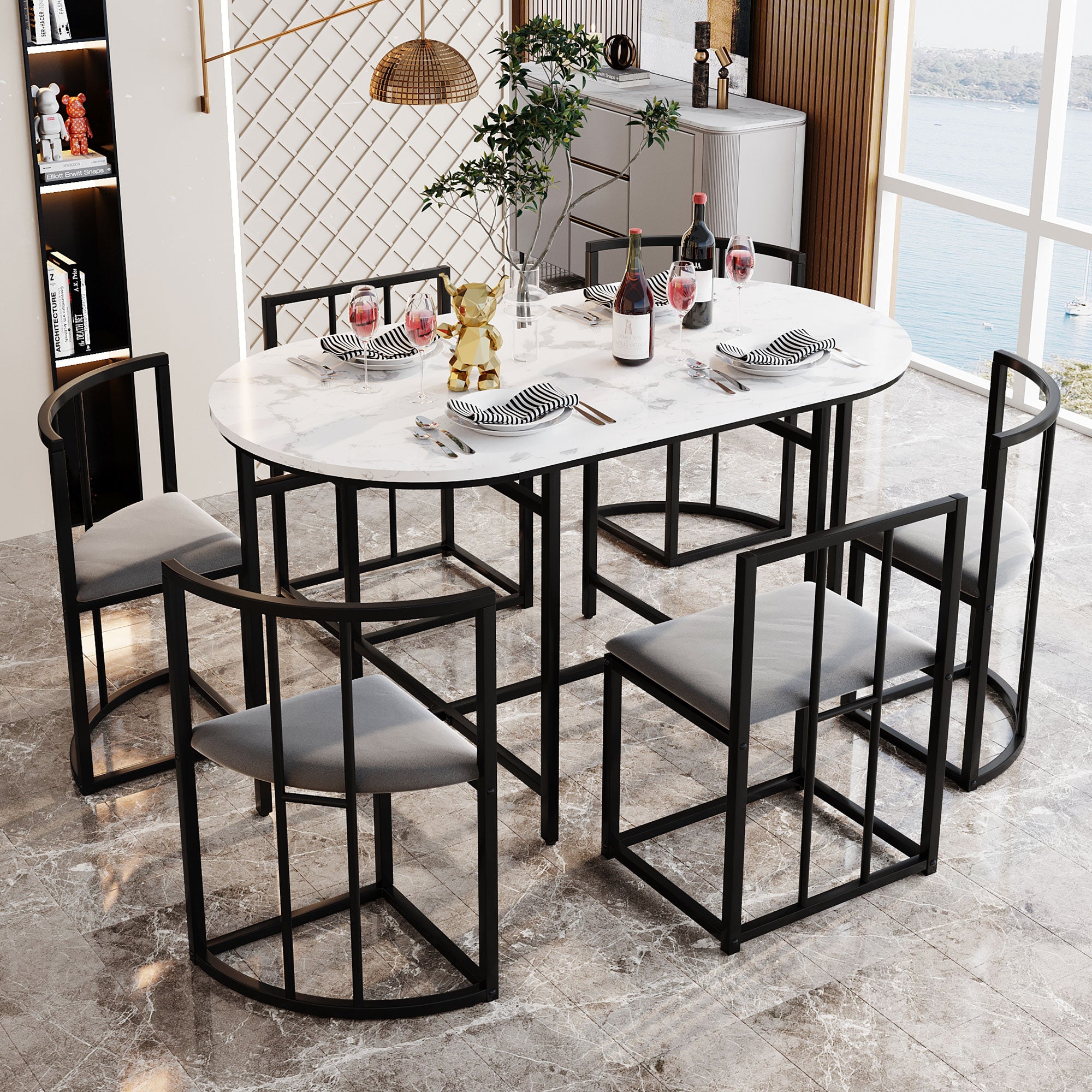 Six-chair dining table set: (White table, chairs with backrests and gray cushions, black iron frame), dining room table and chair set, modern dining table combination