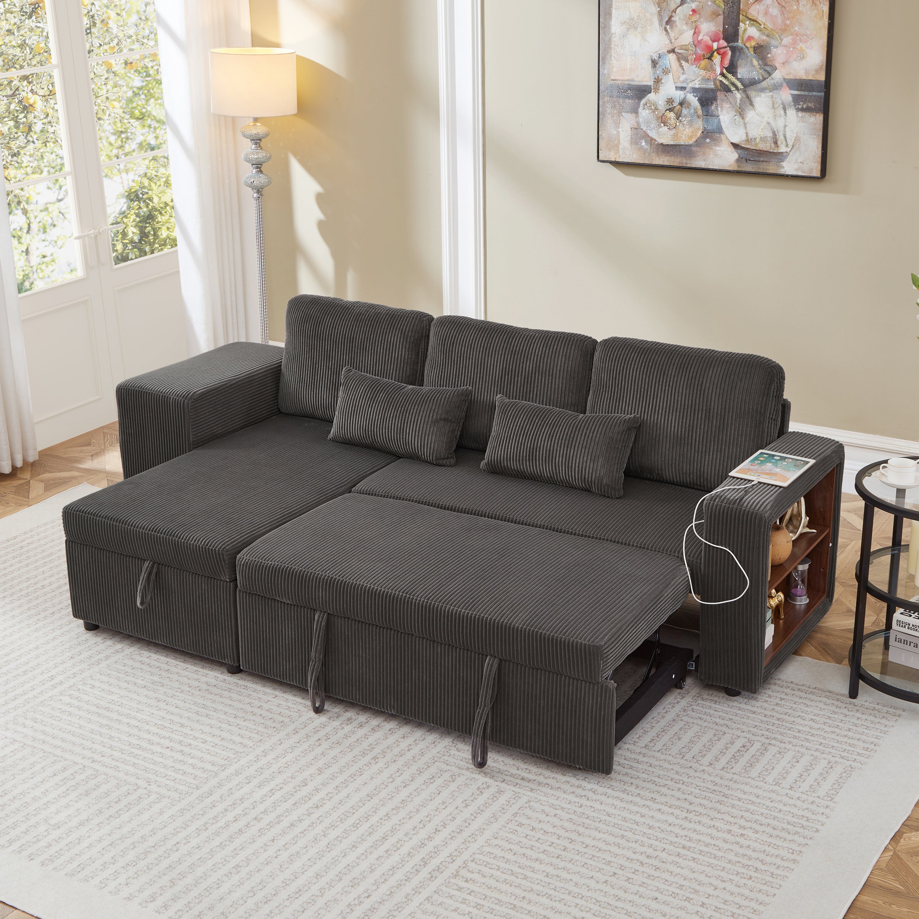 Modern L-Shaped Convertible Sofa Bed, 3-in-1 Convertible Sofa Bed with Internal Storage Chaise, Nesting Footstools, Integrated Charging Station & Adjustable Armrest Side Storage, Corduroy Fabric, Grey