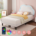 3ft Single Upholstered Bed with LED Adjustable Cute Cloud Headboard, Soft Velvet Bed Frame with Solid Wood Slat, No Box Spring Needed, Easy Assembly, Cream White (No Mattress)