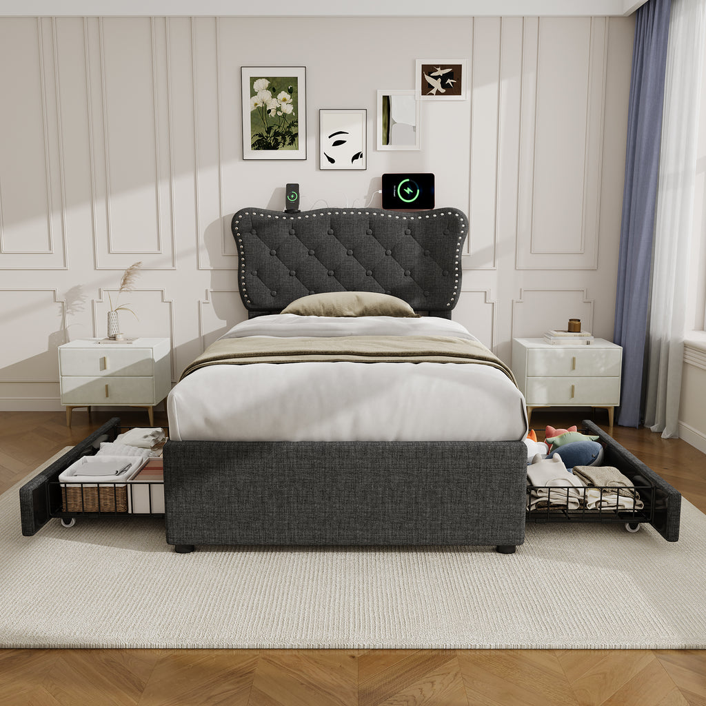 3ft Single Upholstered Bed with Rivet Design and Charging Station, Two Storage Drawers, Adjustable Button Tufted Headboard with USB & Type-C Ports, No Box Spring Needed, Linen, Grey (No Mattress)