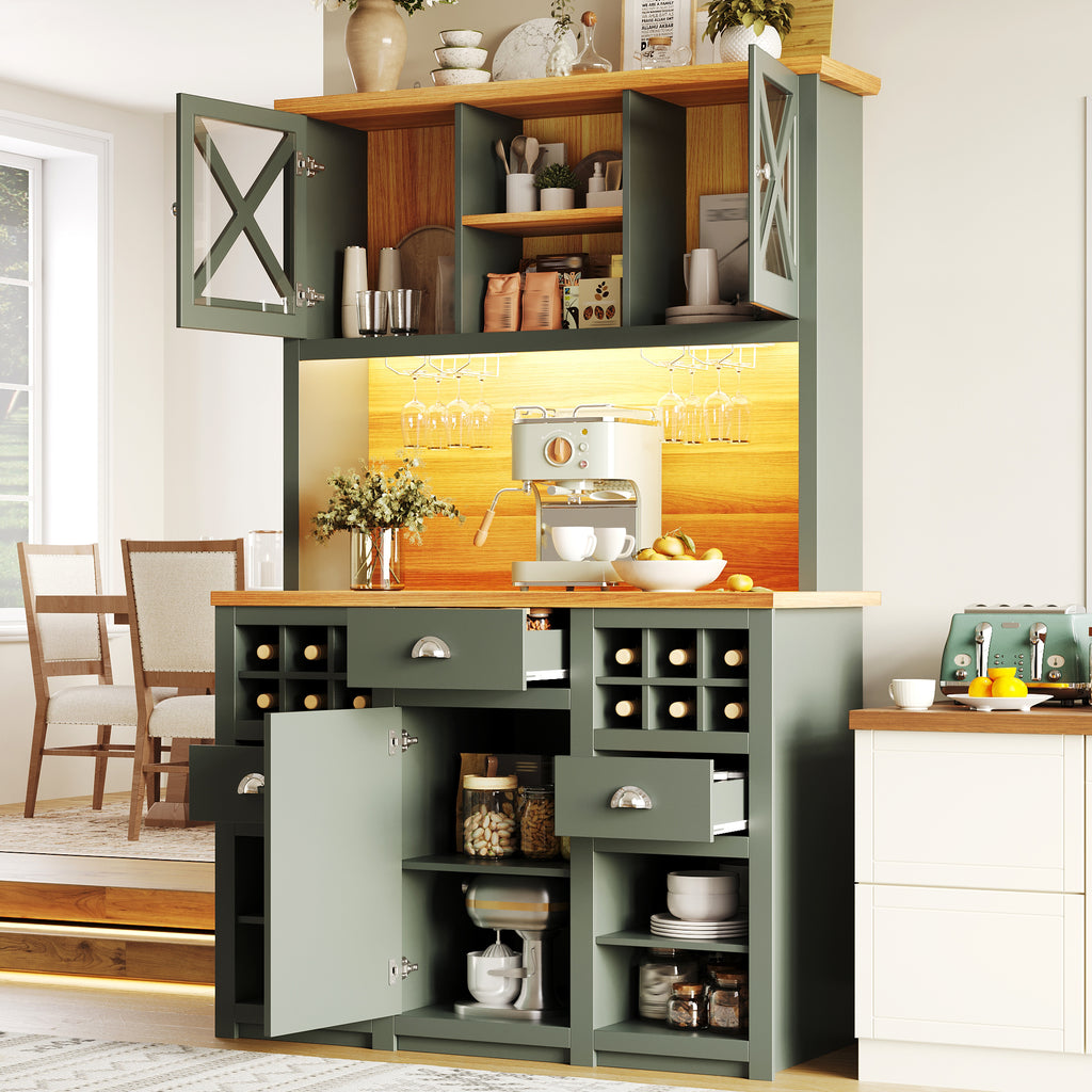 Kitchen cabinets (120 x 45 x 188 cm), tall kitchen cabinets, sideboards, kitchen cabinets with glass doors and LED lighting, side cabinet with wine rack, adjustable shelves, green