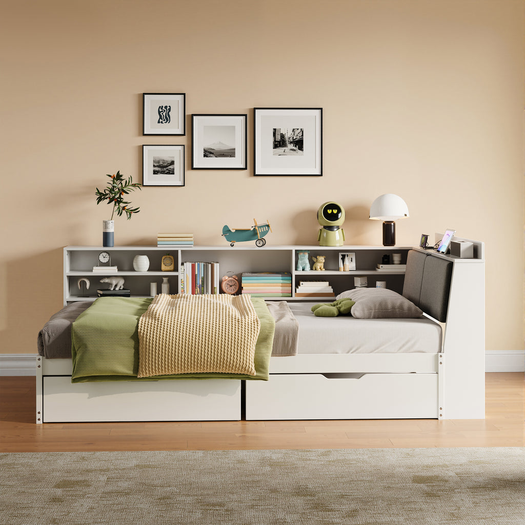 3ft Single L-Shape Daybed with Two Storage Drawers and Bookcase Storage, Linen Concealed Headboard Storage with Charging Station, Wood Bed for Living Room/ Bedroom/ Study Room, White (No Mattress)