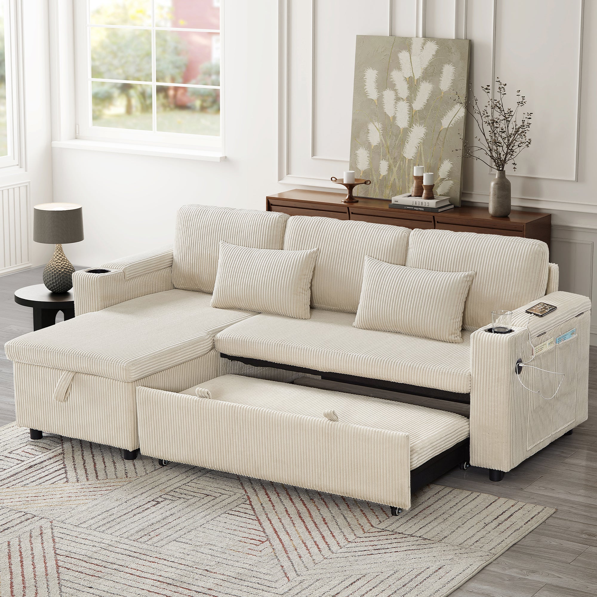 3 in 1 Convertible Corduroy Sofa Bed with Storage Chaise, L Shaped Sleeper Sofa Couches with Armrest Storage and Charging Station. Pullout Sectional Daybed for Living Room/Bedroom/Office, Beige